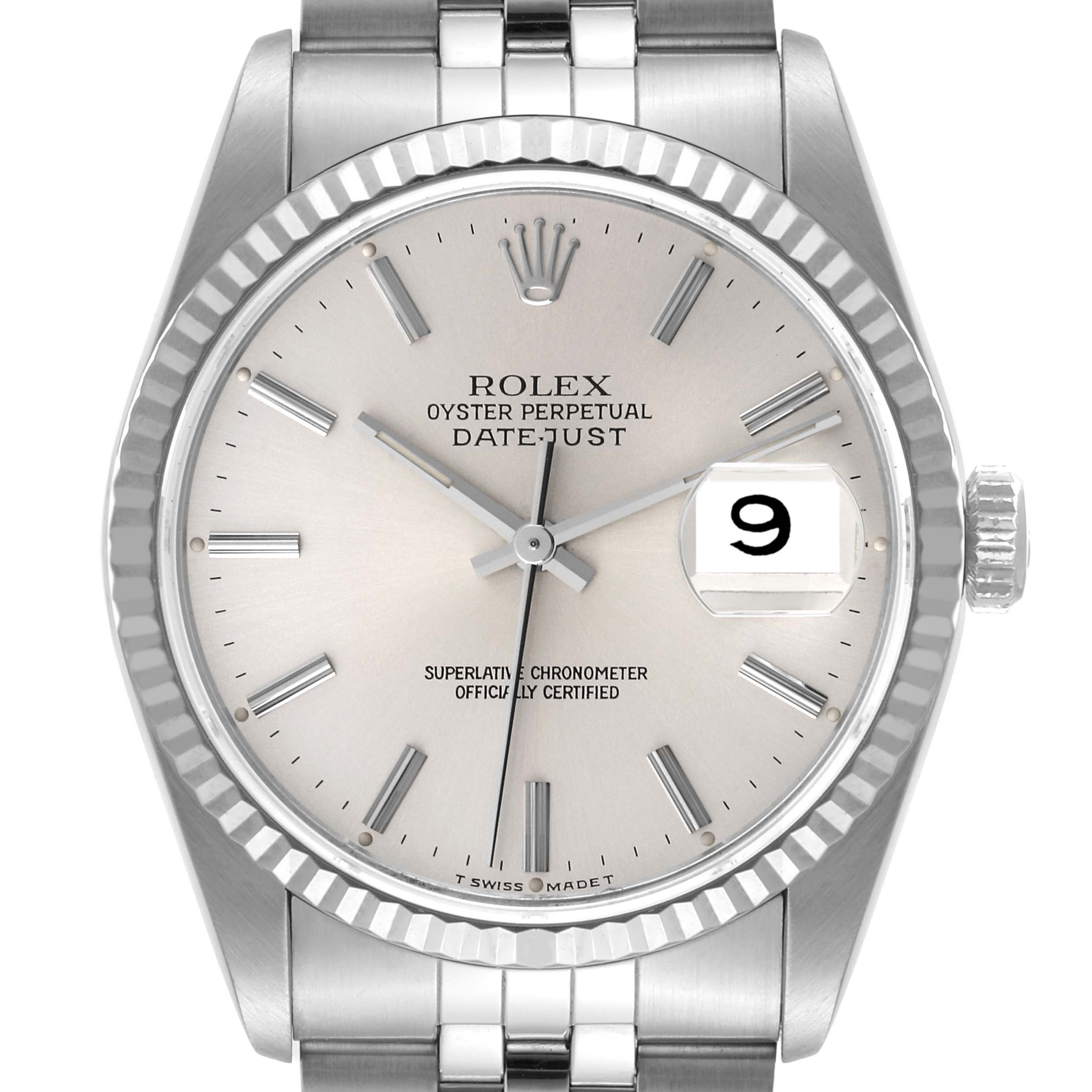 The image shows a front view of the Rolex Datejust 16234 Men's Stainless Steel Silver Dial 16234 Men's Stainless Steel Silver Dial watch, highlighting the dial, bezel, and part of the bracelet.