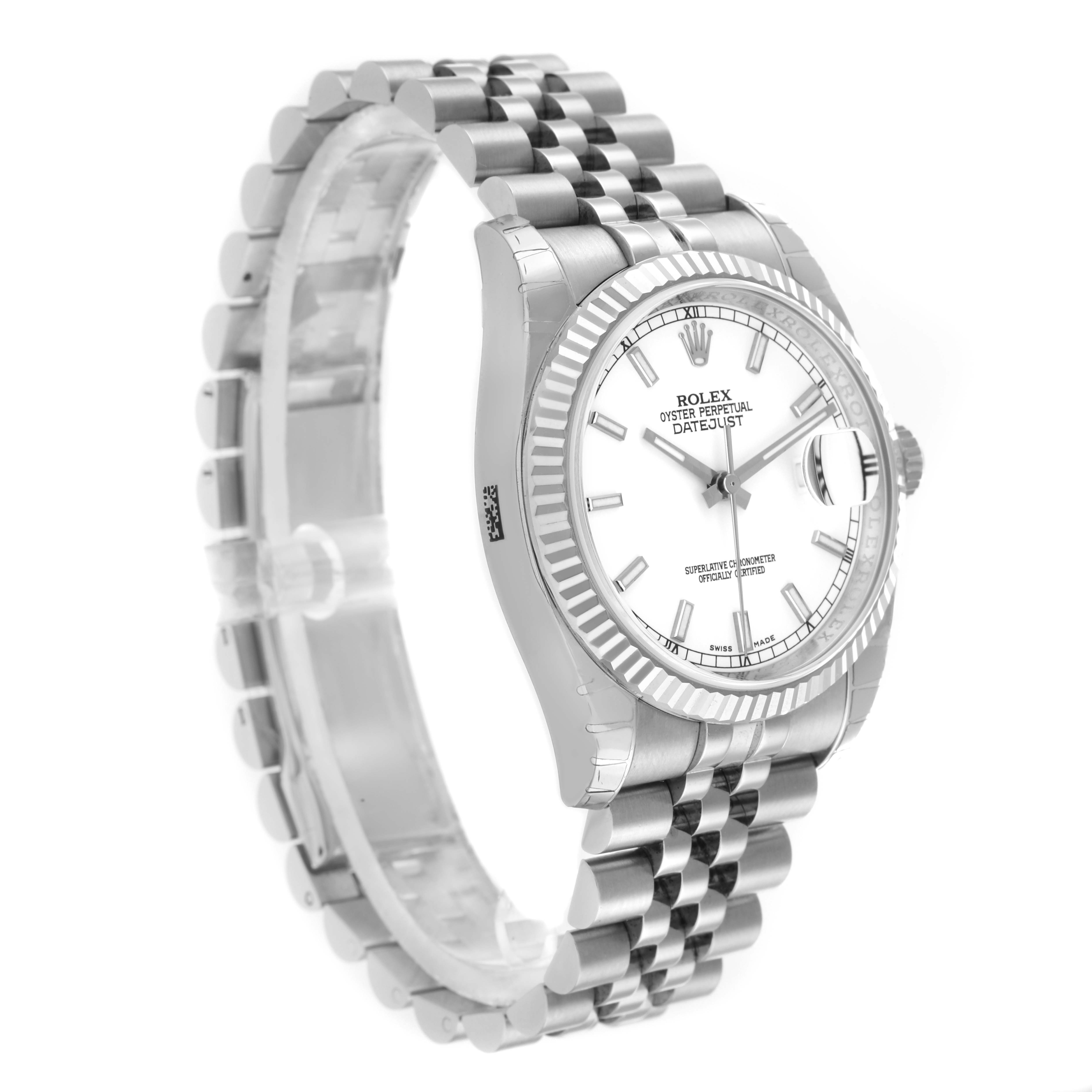 The Rolex Datejust 116234 Men
s Stainless Steel White Dial watch is shown at a slight angle, displaying the dial, bezel, and part of the bracelet.