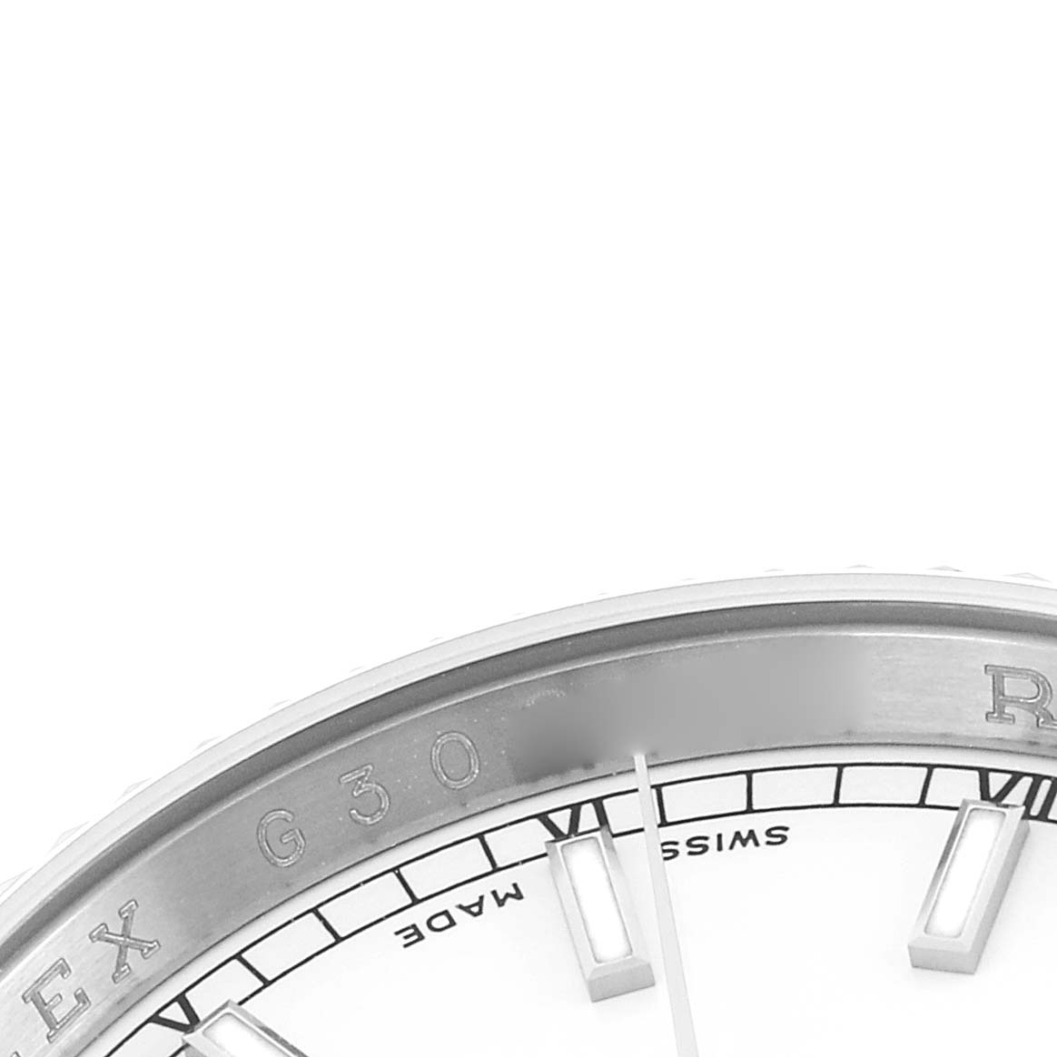 The image shows a close-up of the Rolex Datejust 116234 Men
s Stainless Steel White Dial watch, highlighting part of the bezel and dial with indices and text.