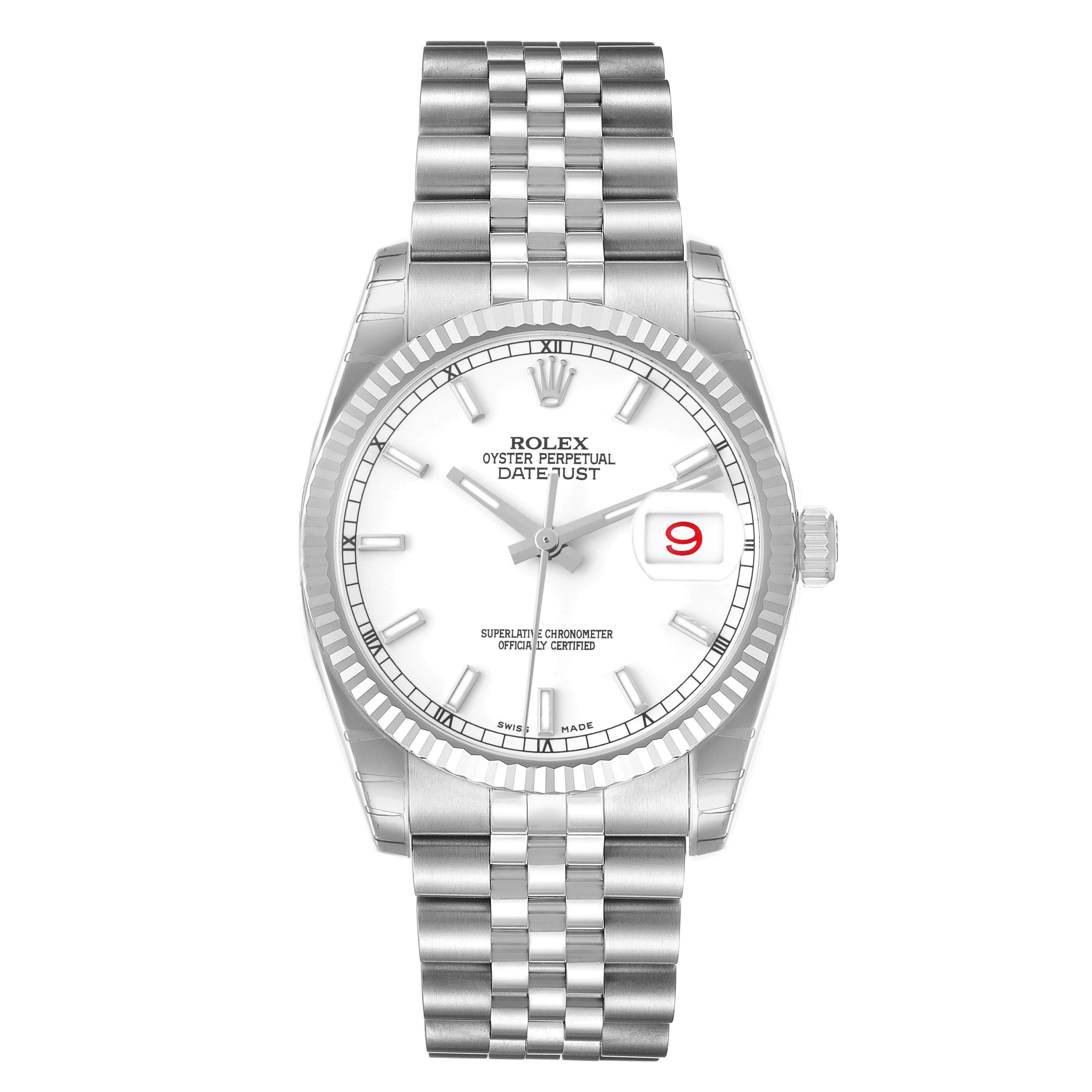 The Rolex Datejust 116234 Men
s Stainless Steel White Dial watch is shown from a front angle, displaying the face, bezel, crown, and Jubilee bracelet.