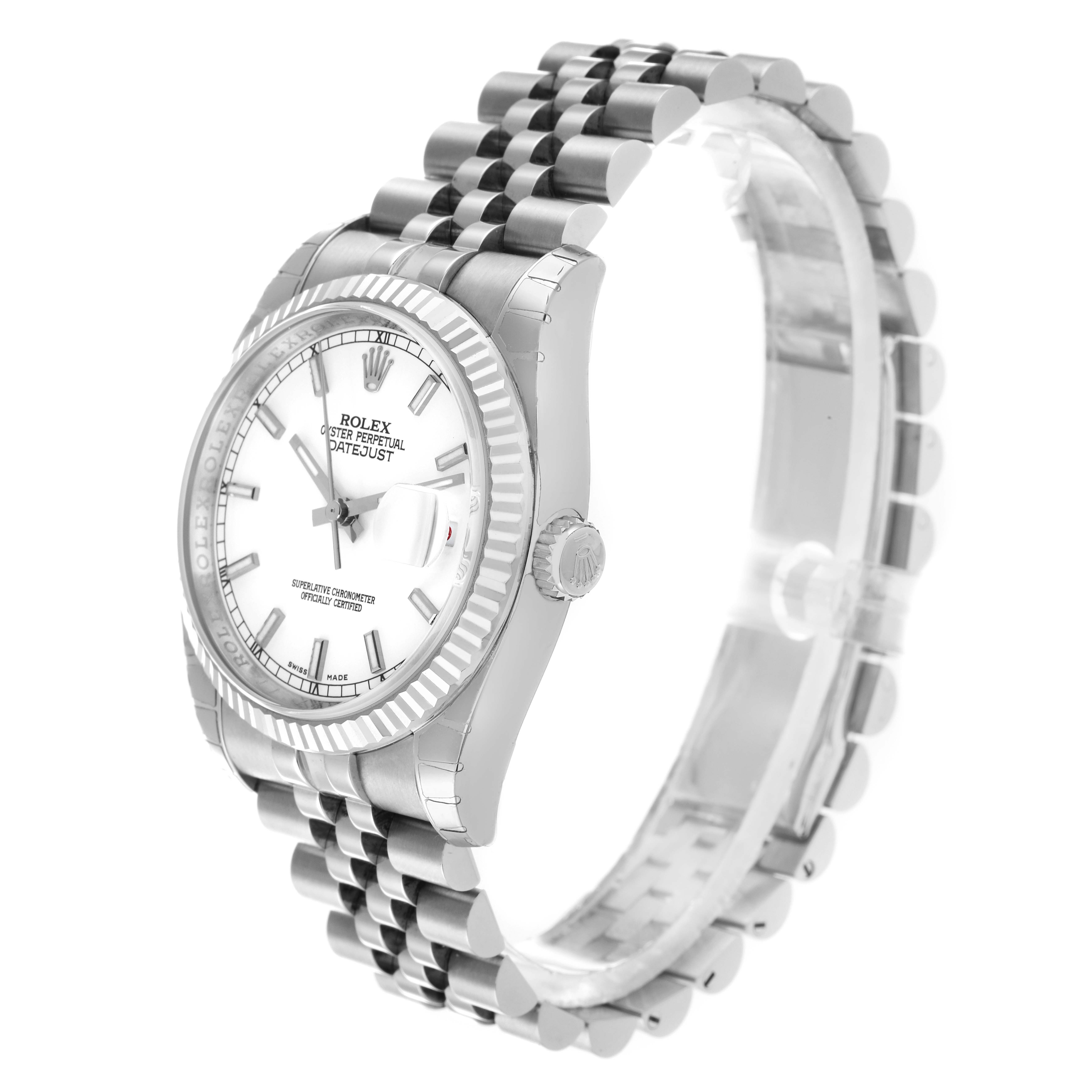 The Rolex Datejust 116234 Men
s Stainless Steel White Dial is shown from a three-quarter angle displaying the dial, fluted bezel, and Jubilee bracelet.