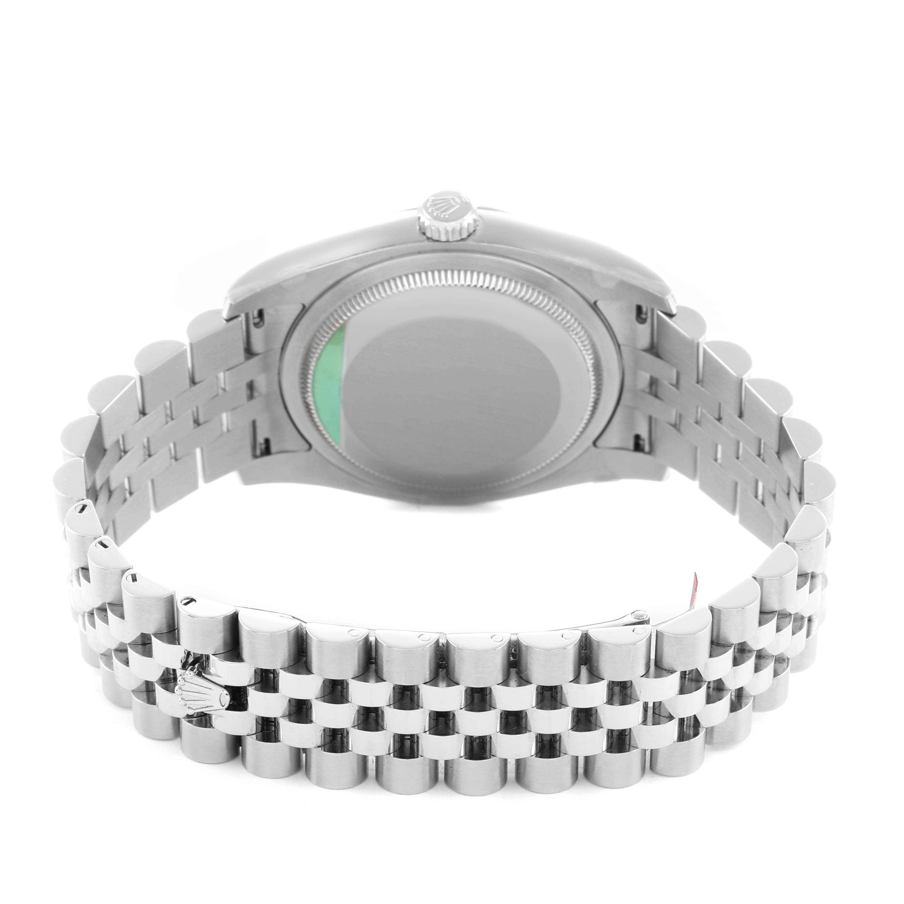 The image shows the back view of a Rolex Datejust 116234 Men
s Stainless Steel White Dial watch, highlighting its bracelet and case back.