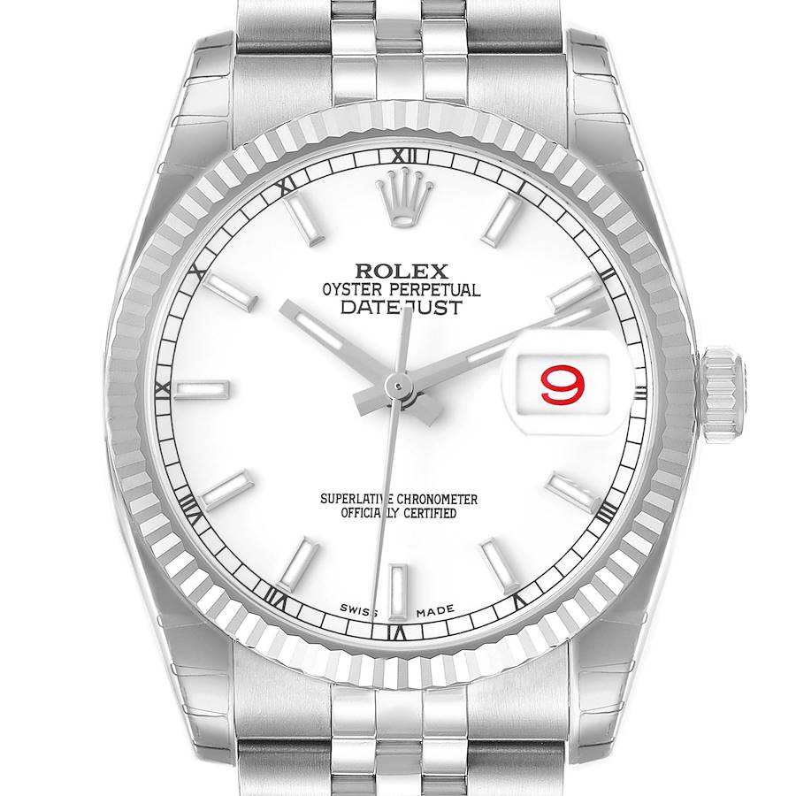 This Rolex Datejust 116234 Men's Stainless Steel White Dial watch is shown from a front angle, displaying the dial, hands, date window, and part of the bracelet.