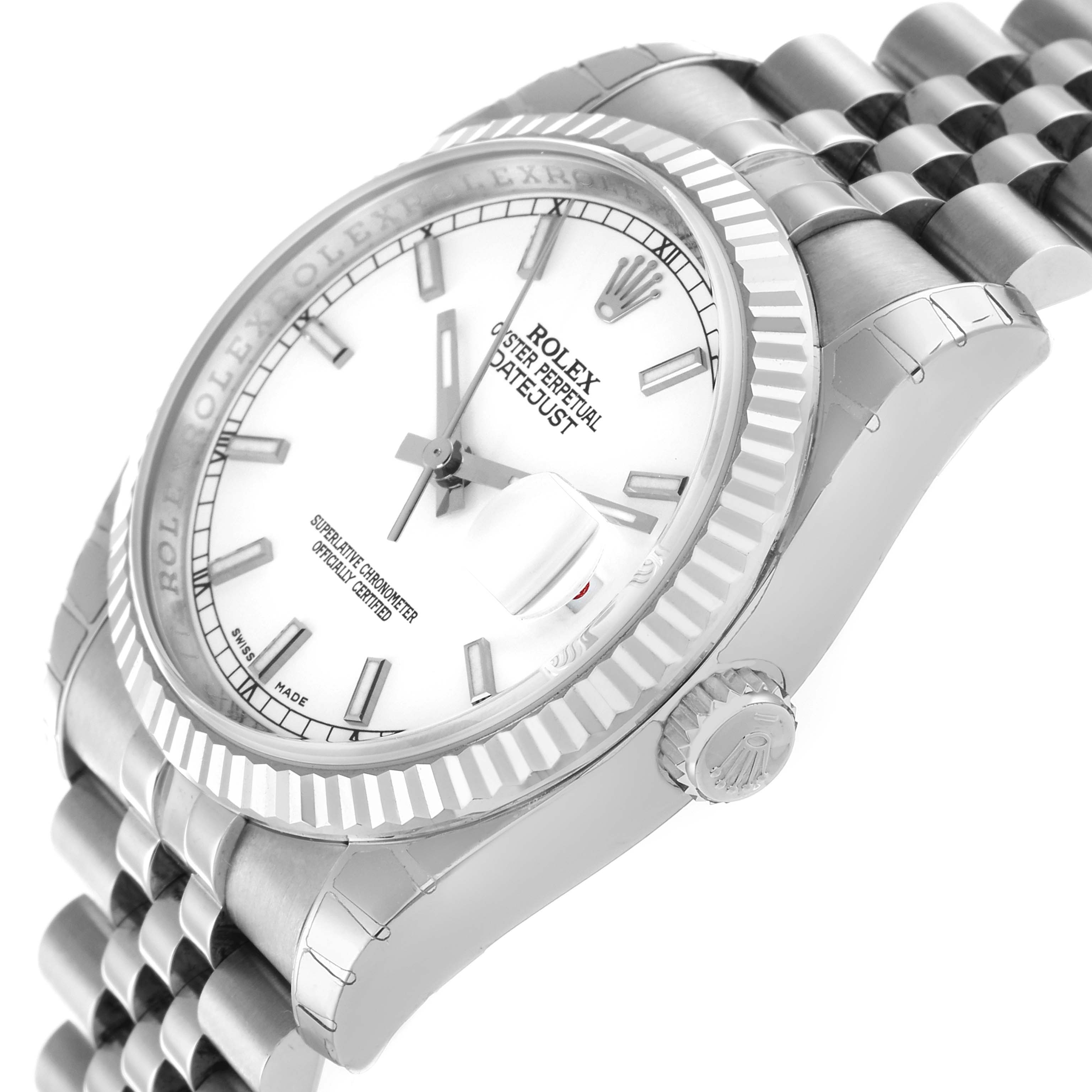 The Rolex Datejust 116234 Men
s Stainless Steel White Dial watch is shown at an angle highlighting its face, fluted bezel, crown, and part of the jubilee bracelet.