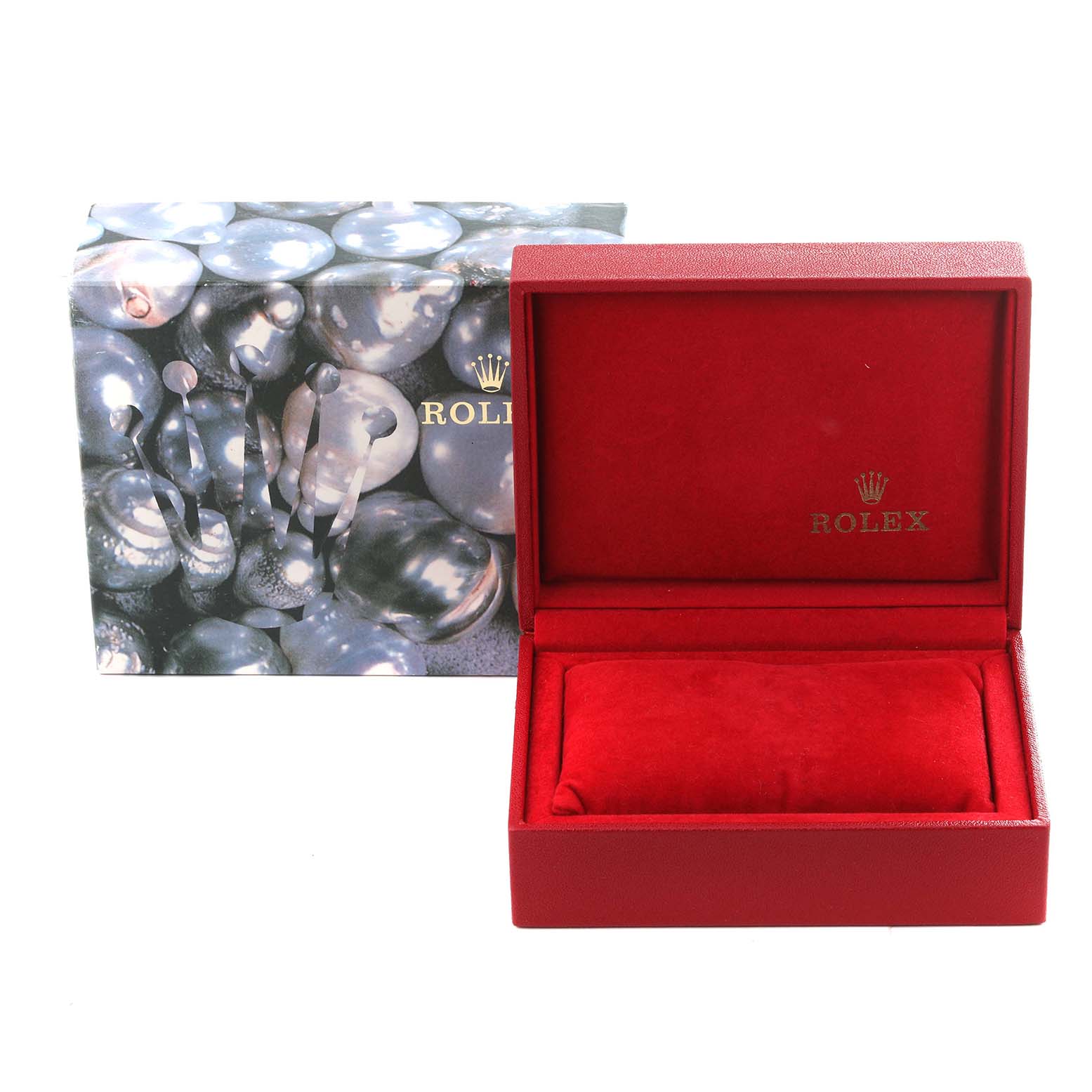 The image shows an open red Rolex Datejust 79173 Women
s Steel and Gold (two tone) Champagne Dial 79173 Women
s Steel and Gold (two tone) Champagne Dial watch box, along with its decorative outer packaging displaying the Rolex logo.