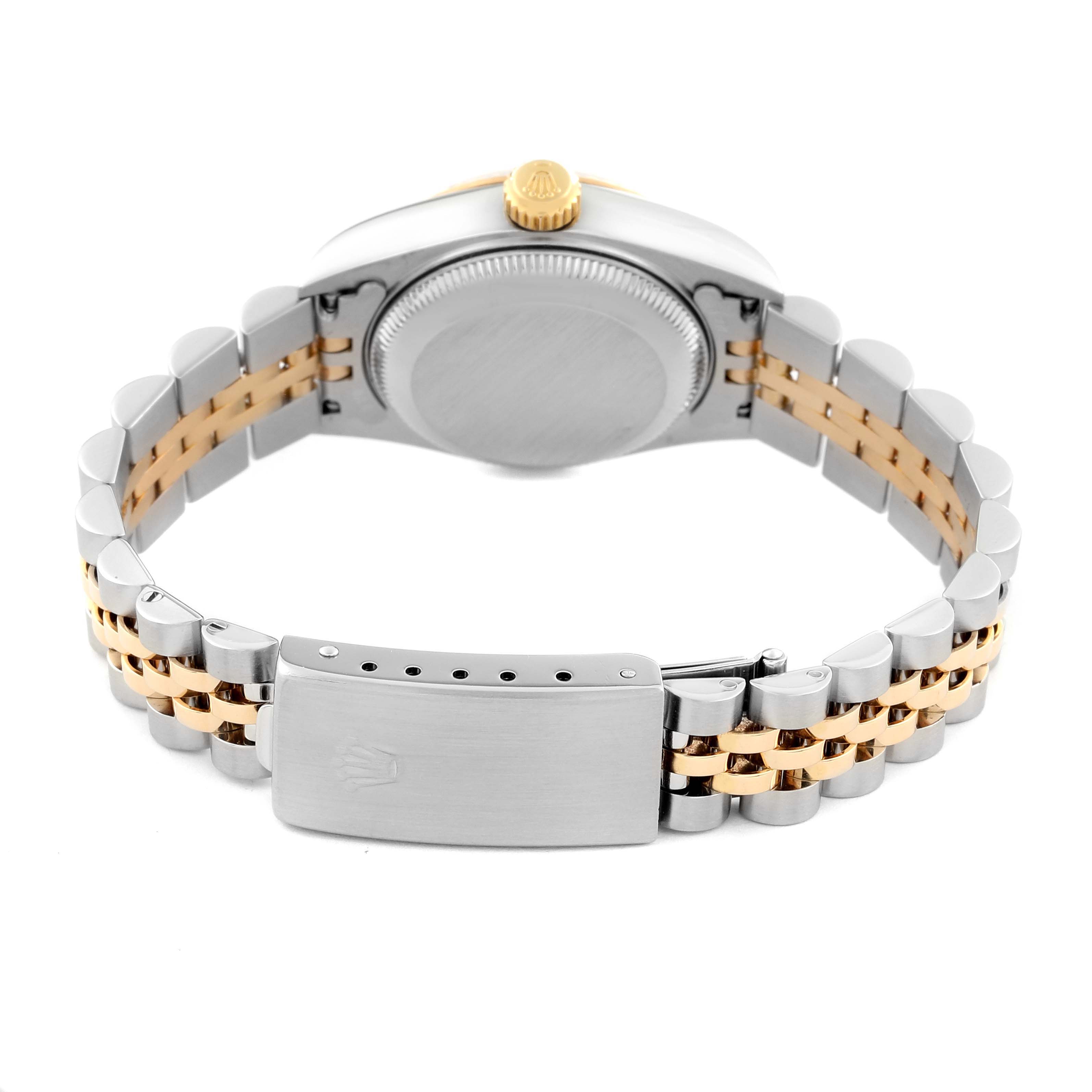 The image shows the back view of a Rolex Datejust 79173 Women
s Steel and Gold (two tone) Champagne Dial 79173 Women
s Steel and Gold (two tone) Champagne Dial watch, highlighting the clasp, bracelet, and caseback.