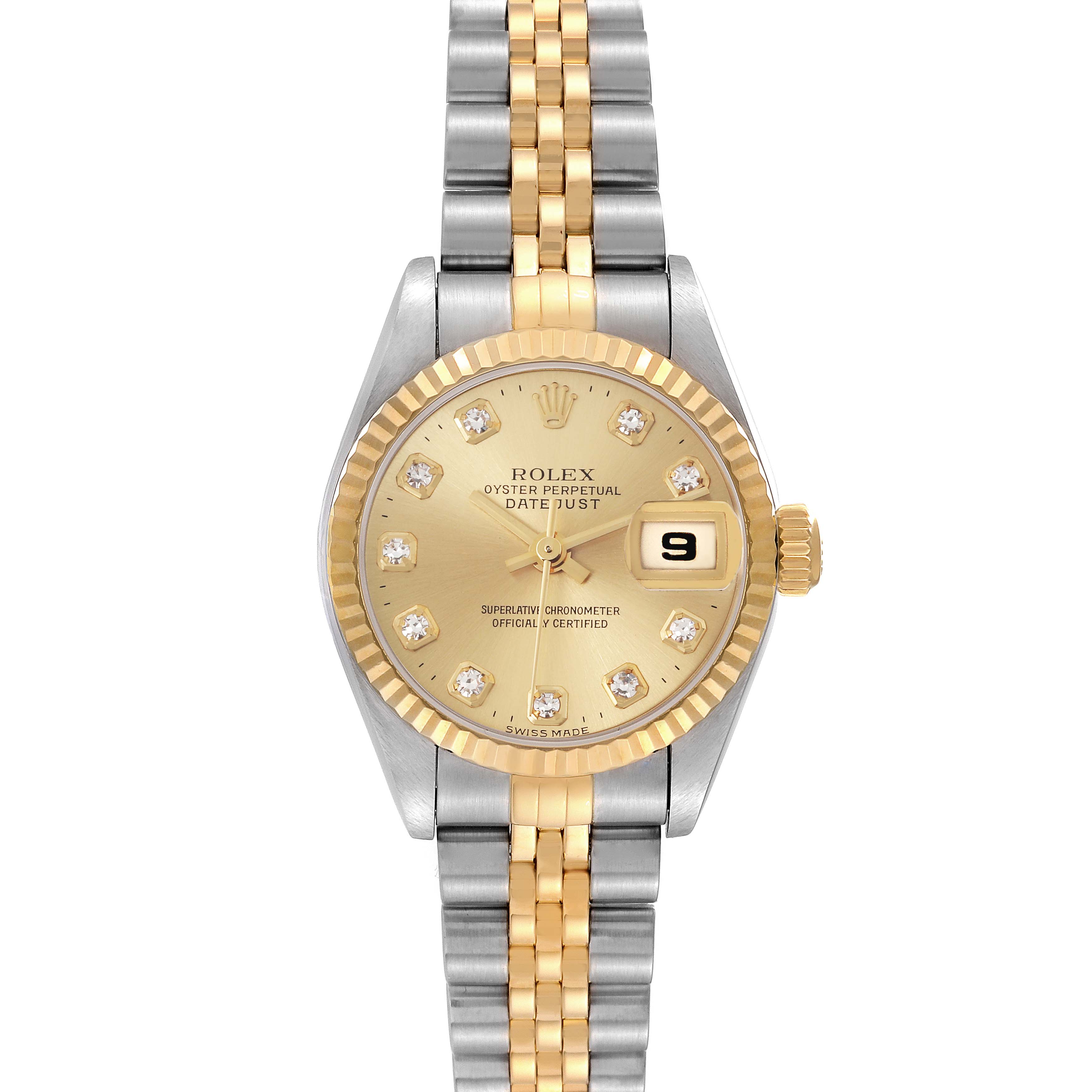 This image shows a front-facing view of a Rolex Datejust 79173 Women
s Steel and Gold (two tone) Champagne Dial 79173 Women
s Steel and Gold (two tone) Champagne Dial watch featuring a gold and silver bracelet and diamond hour markers.
