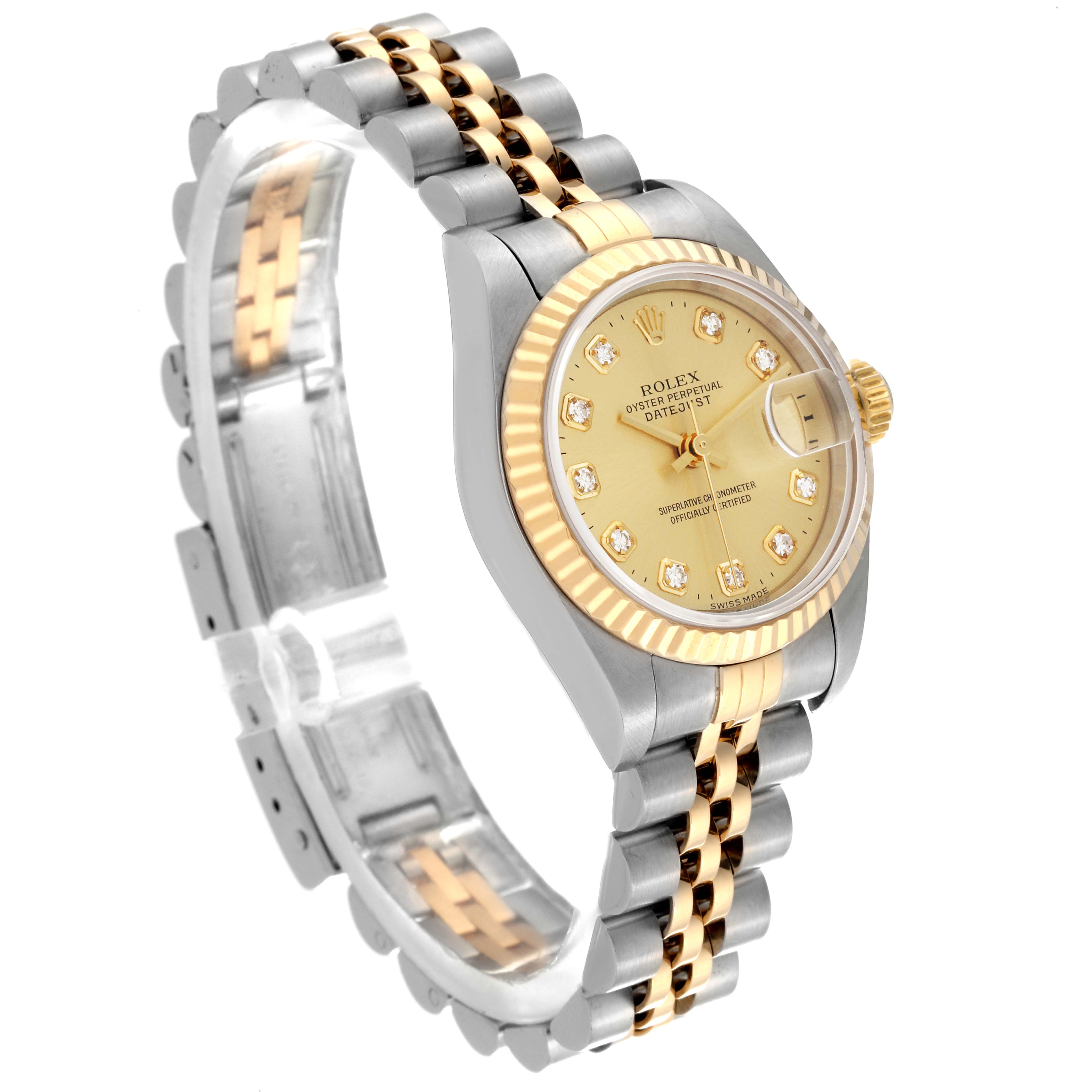 The image shows a Rolex Datejust 79173 Women
s Steel and Gold (two tone) Champagne Dial 79173 Women
s Steel and Gold (two tone) Champagne Dial watch at a three-quarter angle, highlighting its dial, bezel, crown, and two-tone bracelet.