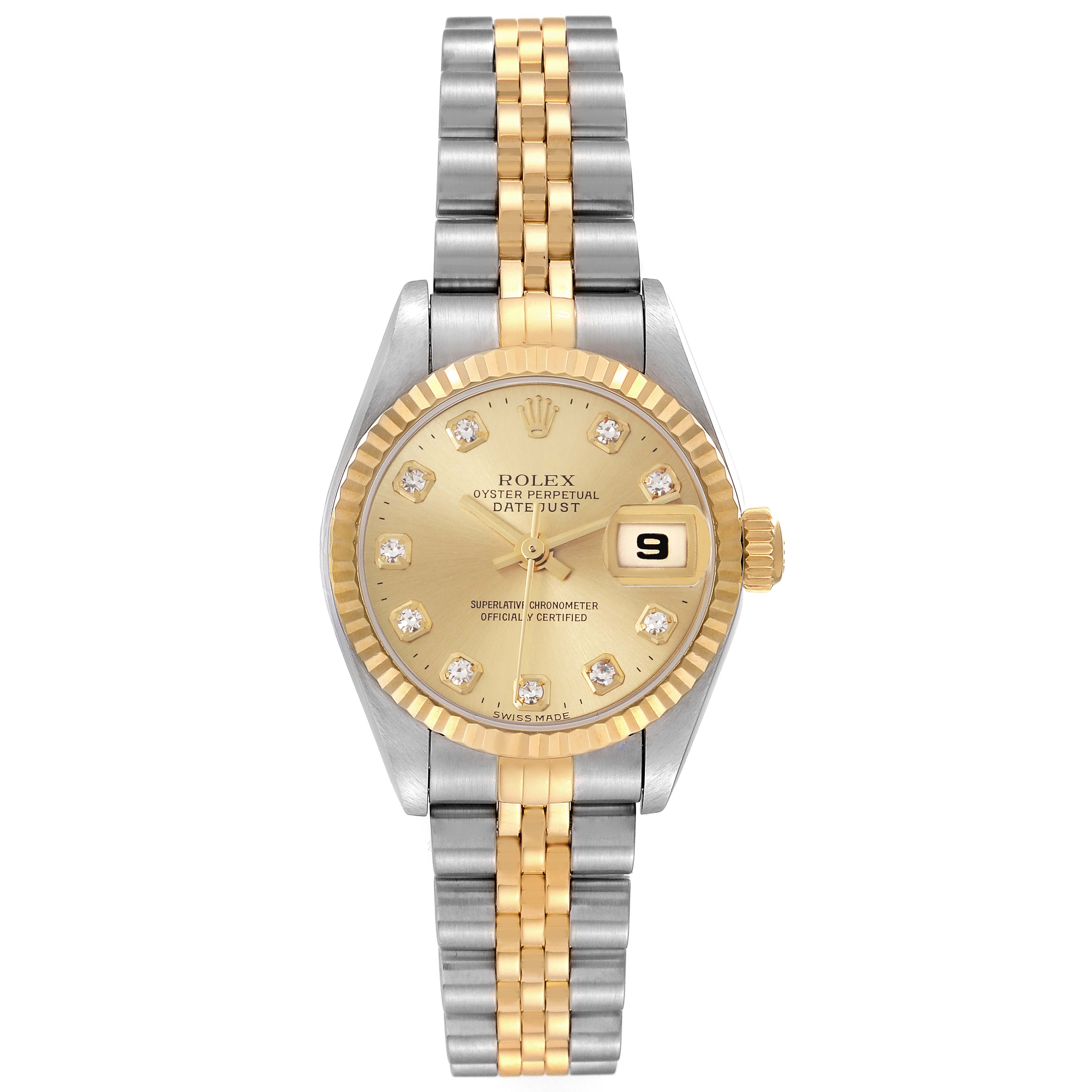 This image shows a frontal view of the Rolex Datejust 79173 Women
s Steel and Gold (two tone) Champagne Dial 79173 Women
s Steel and Gold (two tone) Champagne Dial watch, displaying its two-tone bracelet, date window, and gold dial.