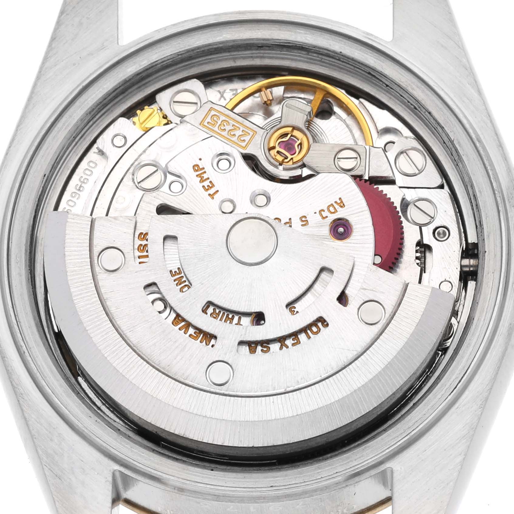 This image shows the intricate automatic movement from the back of a Rolex Datejust 79173 Women
s Steel and Gold (two tone) Champagne Dial 79173 Women
s Steel and Gold (two tone) Champagne Dial watch.