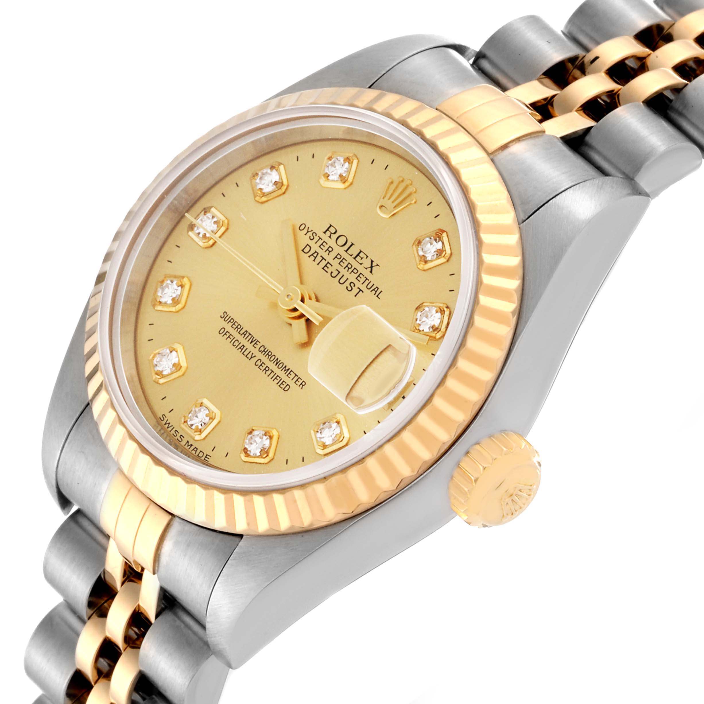 This image shows a Rolex Datejust 79173 Women
s Steel and Gold (two tone) Champagne Dial 79173 Women
s Steel and Gold (two tone) Champagne Dial watch at an angled side view, highlighting the bezel, crown, and part of the bracelet.