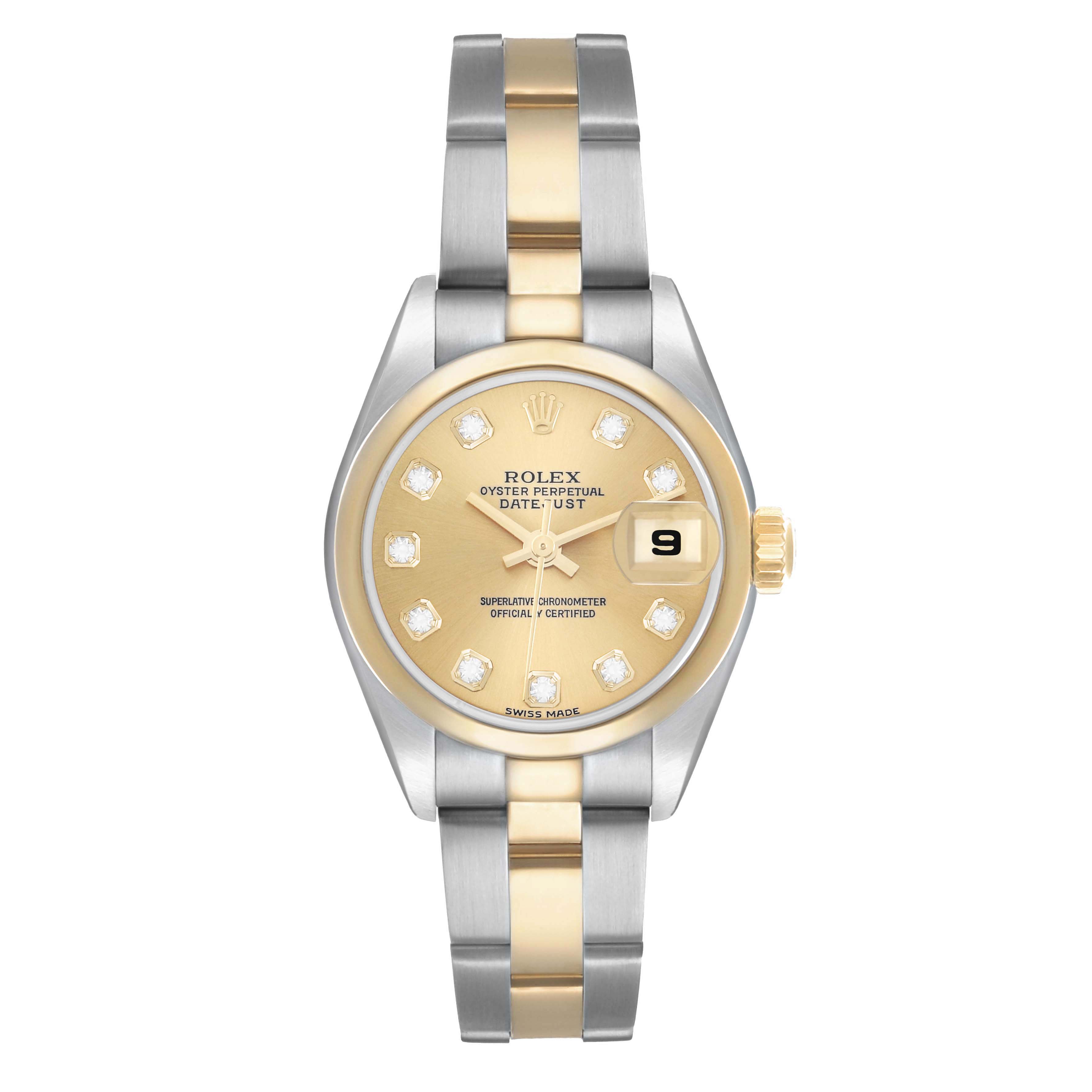 The Rolex Datejust 79163 Women
s Steel and Gold (two tone) Champagne Dial watch is shown from a front angle, highlighting its dial, bracelet, and crown.