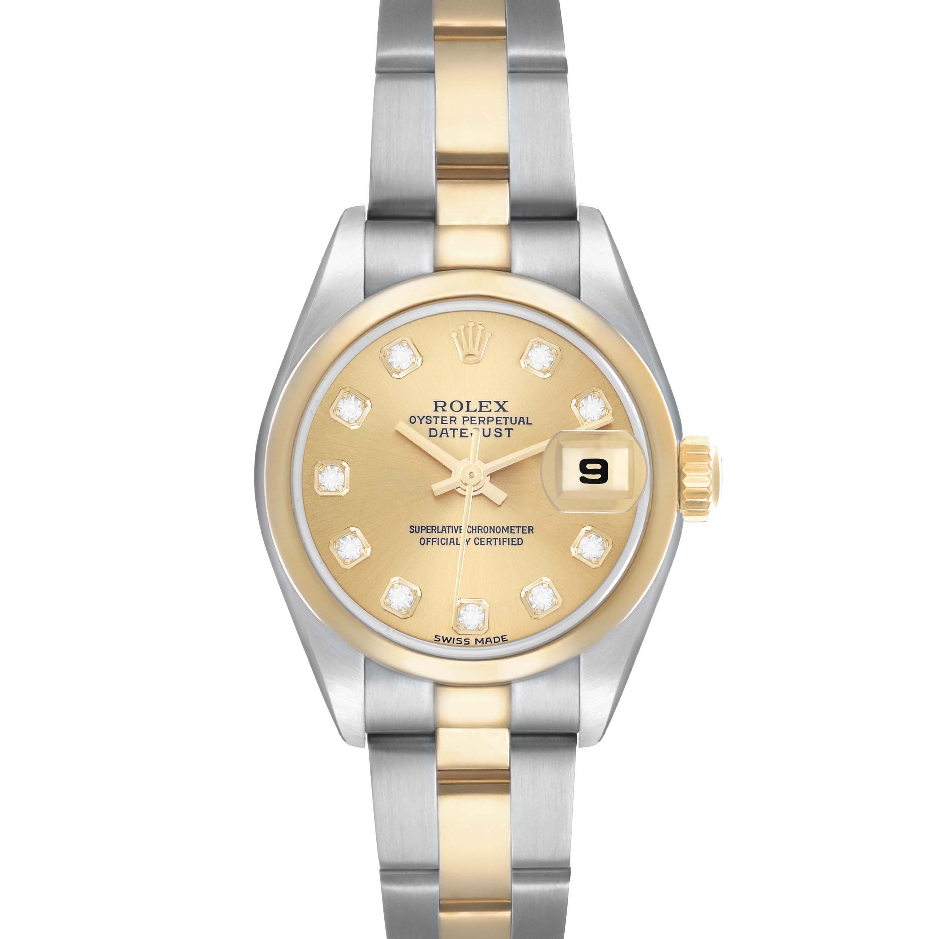 The Rolex Datejust 79163 Women
s Steel and Gold (two tone) Champagne Dial watch is shown from the front, highlighting its dial, bezel, and bracelet.