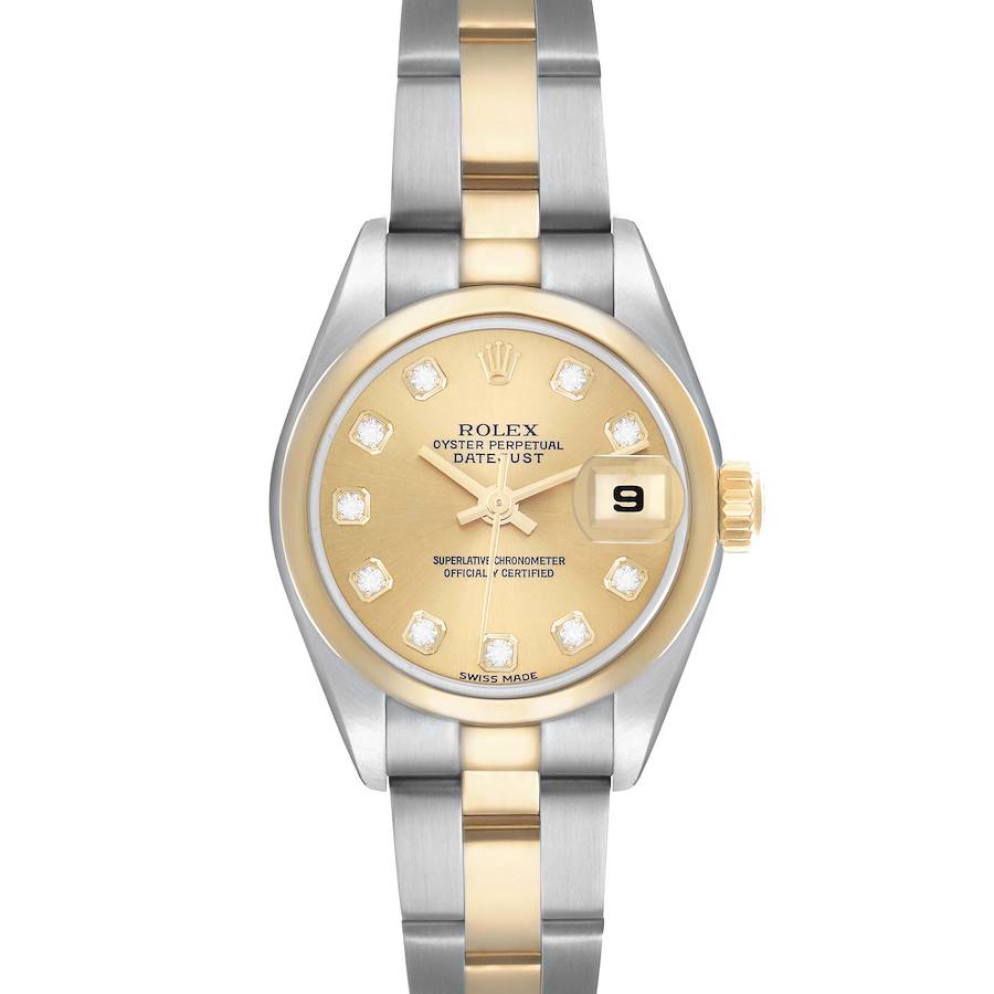 The Rolex Datejust 79163 Women's Steel and Gold (two tone) Champagne Dial watch is shown from the front, highlighting its dial, bezel, and bracelet.
