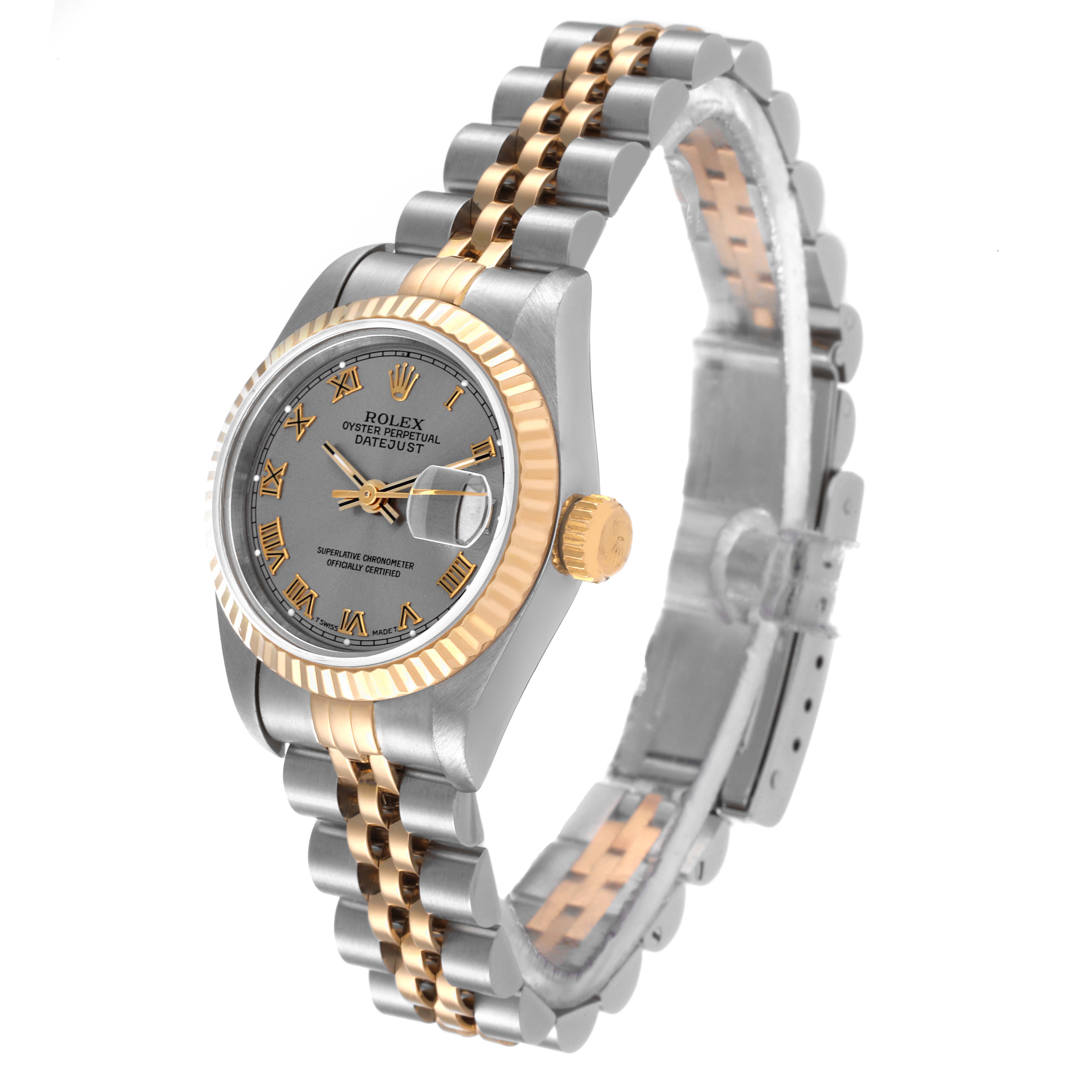 The Rolex Datejust 69173 Women's Steel and Gold (two tone) Grey Dial 69173 Women's Steel and Gold (two tone) Grey Dial watch is angled from the front left, showcasing the dial, bezel, and bracelet.