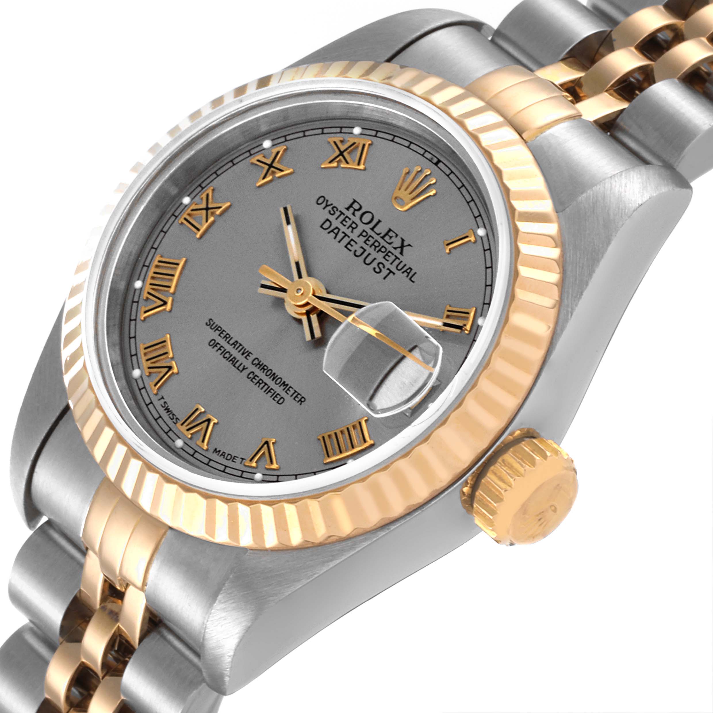 This image shows a close-up, angled view of a Rolex Datejust 69173 Women's Steel and Gold (two tone) Grey Dial 69173 Women's Steel and Gold (two tone) Grey Dial watch, highlighting the dial, bezel, crown, and part of the bracelet.