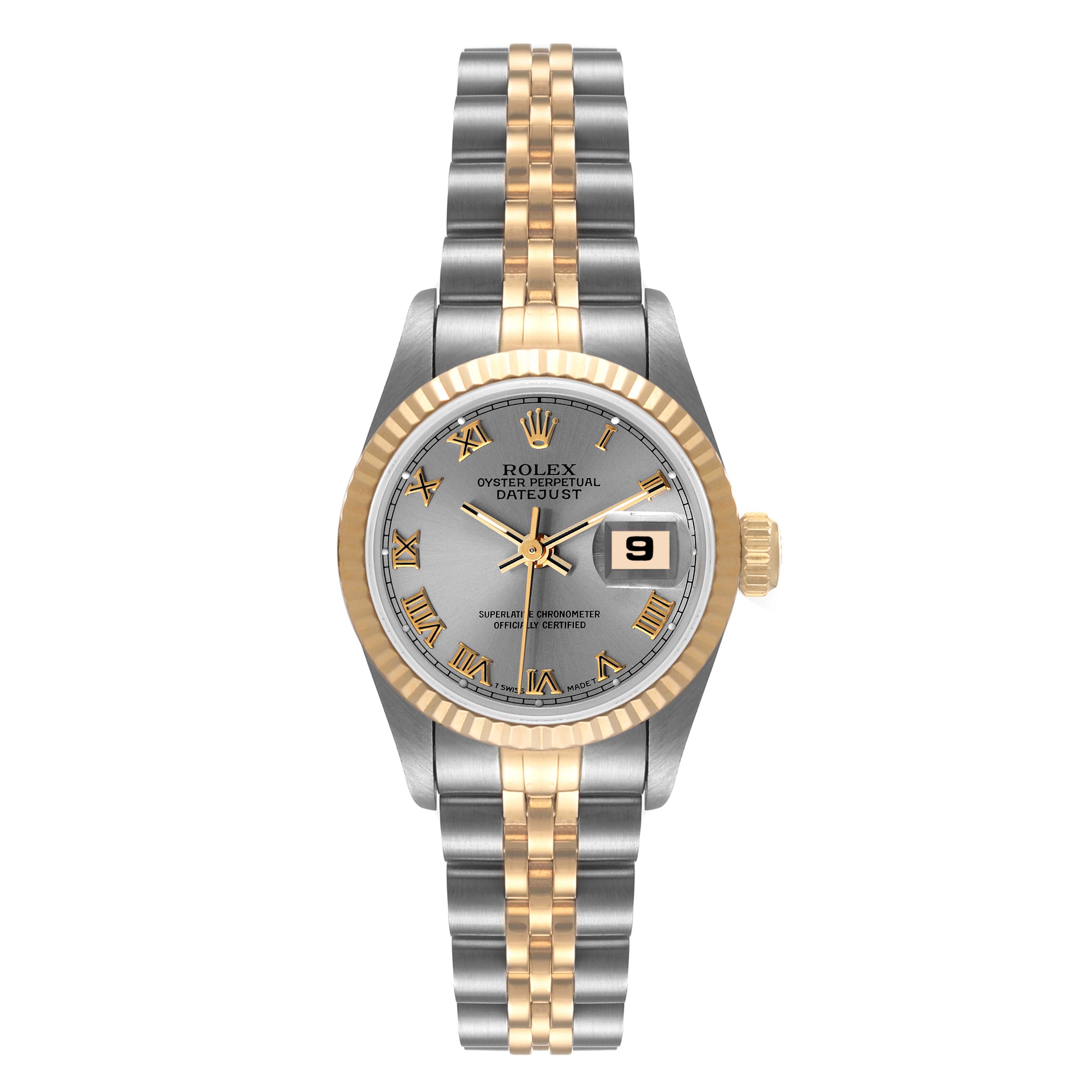 The image shows a front view of a Rolex Datejust 69173 Women's Steel and Gold (two tone) Grey Dial 69173 Women's Steel and Gold (two tone) Grey Dial watch, displaying its face, bezel, and two-tone bracelet.