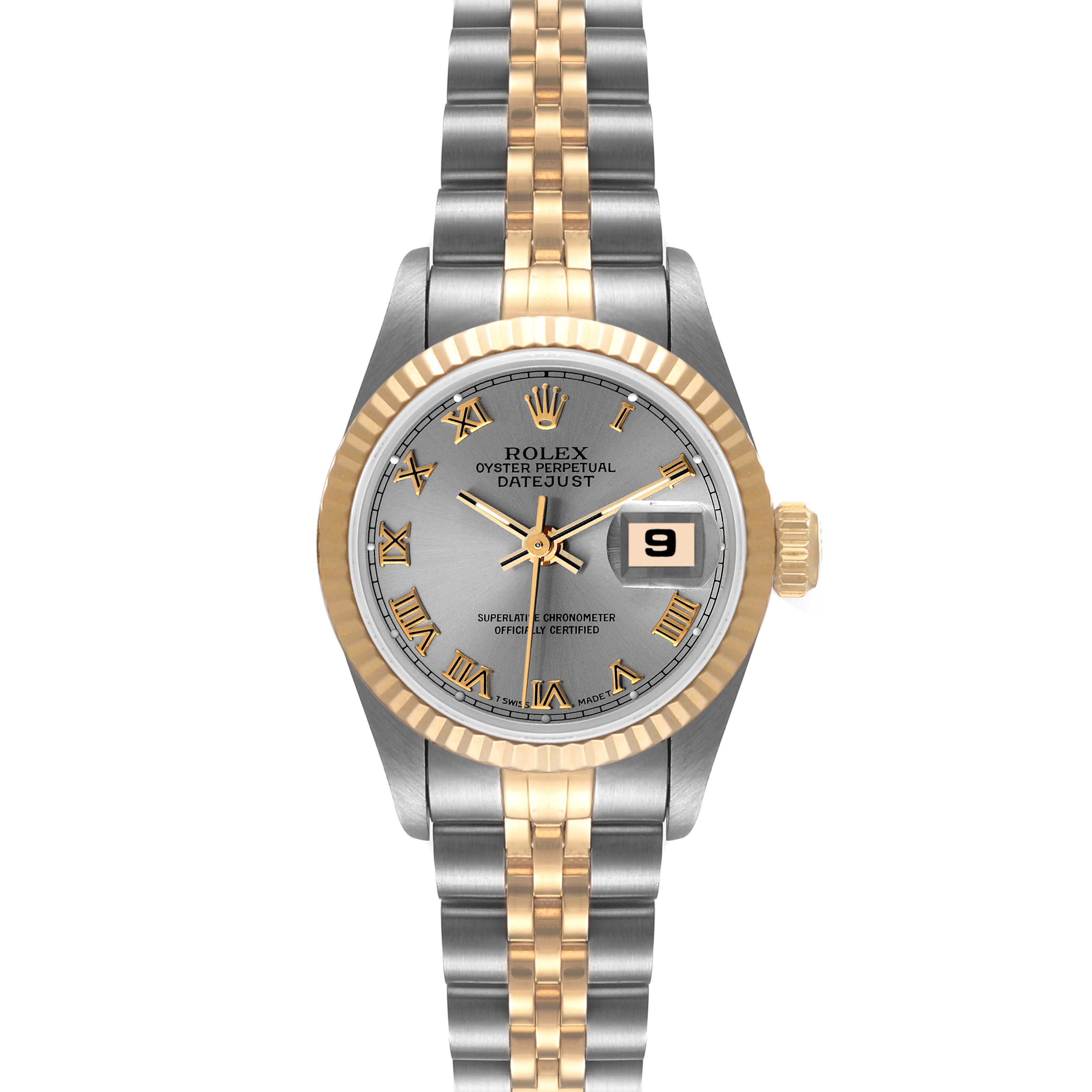 This Rolex Datejust 69173 Women's Steel and Gold (two tone) Grey Dial 69173 Women's Steel and Gold (two tone) Grey Dial watch is shown from a top-down view, highlighting the dial, bezel, and bracelet.