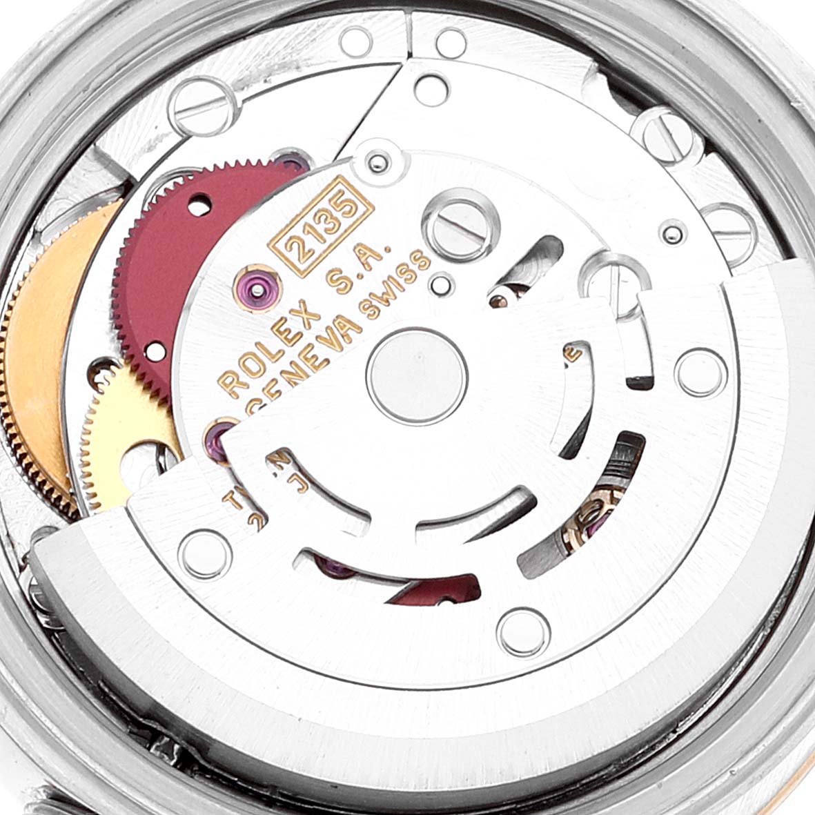 This image shows the internal mechanism of a Rolex Datejust 69173 Women's Steel and Gold (two tone) Grey Dial 69173 Women's Steel and Gold (two tone) Grey Dial watch model, highlighting the intricate gears and components.
