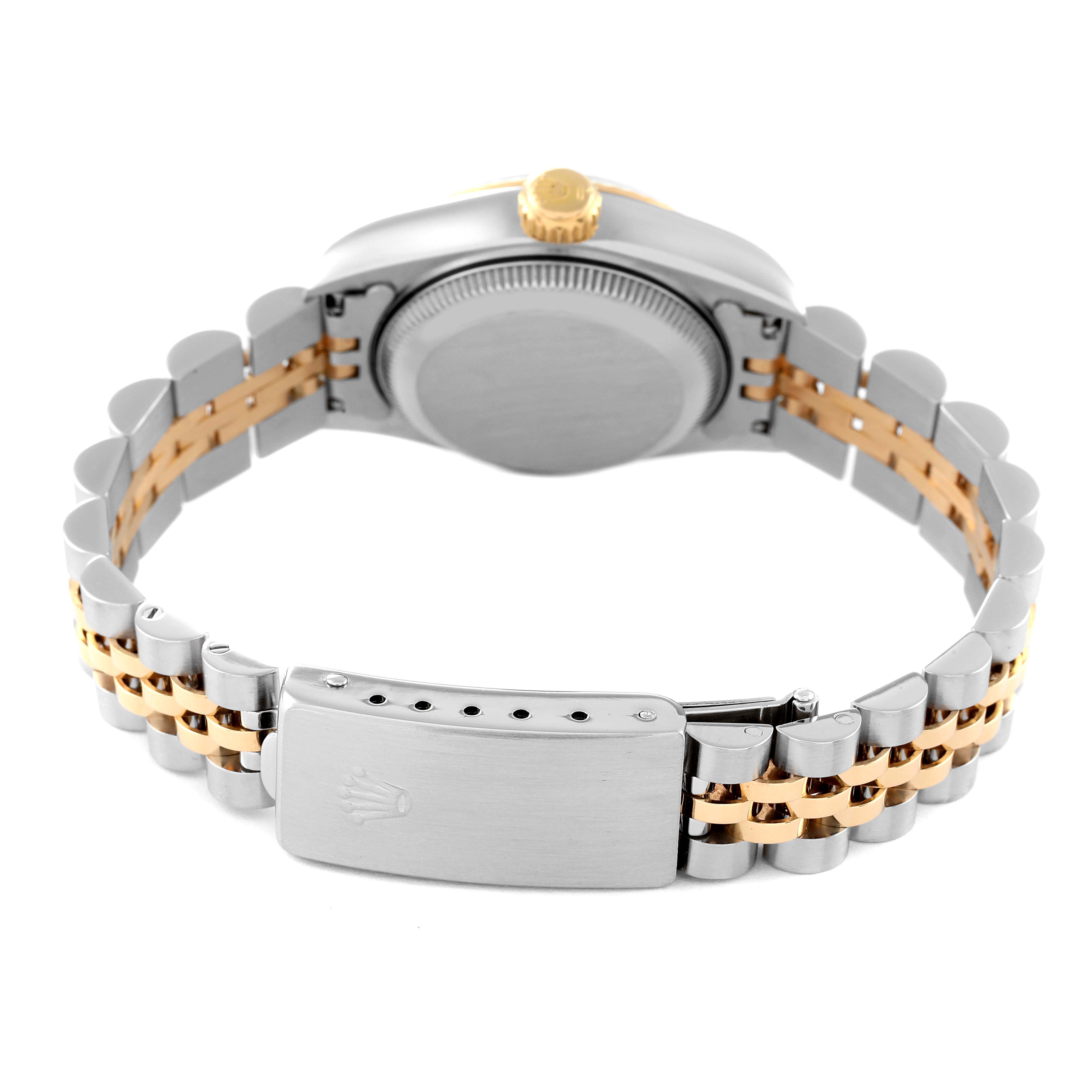 This image shows the back view of the band, clasp, and caseback of a Rolex Datejust 69173 Women's Steel and Gold (two tone) Grey Dial 69173 Women's Steel and Gold (two tone) Grey Dial watch.