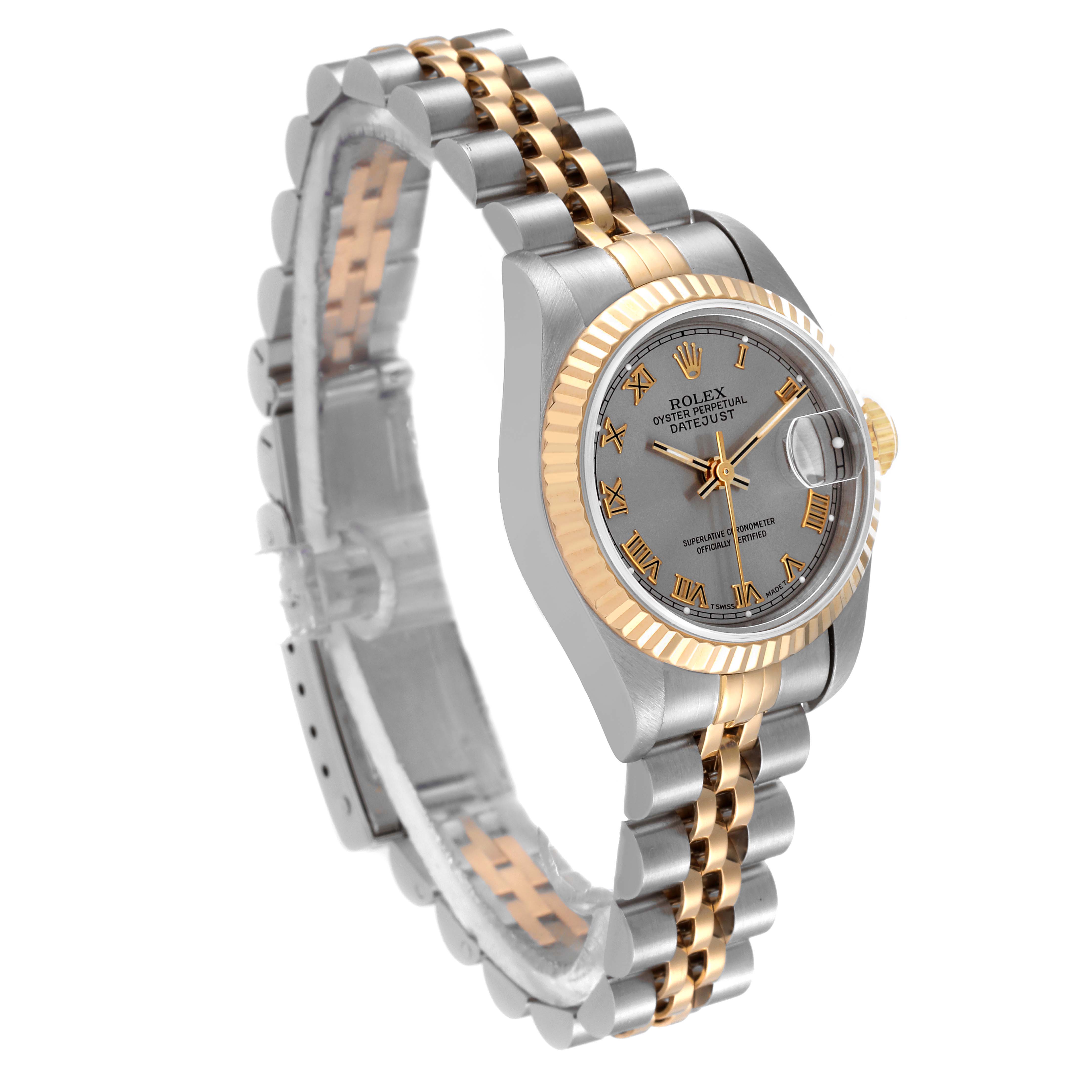 The image shows a Rolex Datejust 69173 Women's Steel and Gold (two tone) Grey Dial 69173 Women's Steel and Gold (two tone) Grey Dial watch from a slight side angle, highlighting the dial, bezel, and Jubilee bracelet.