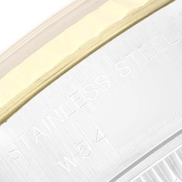 This close-up image shows part of the case back and the "Stainless Steel" engraving on a Rolex Datejust 69173 Women's Steel and Gold (two tone) Grey Dial 69173 Women's Steel and Gold (two tone) Grey Dial watch.