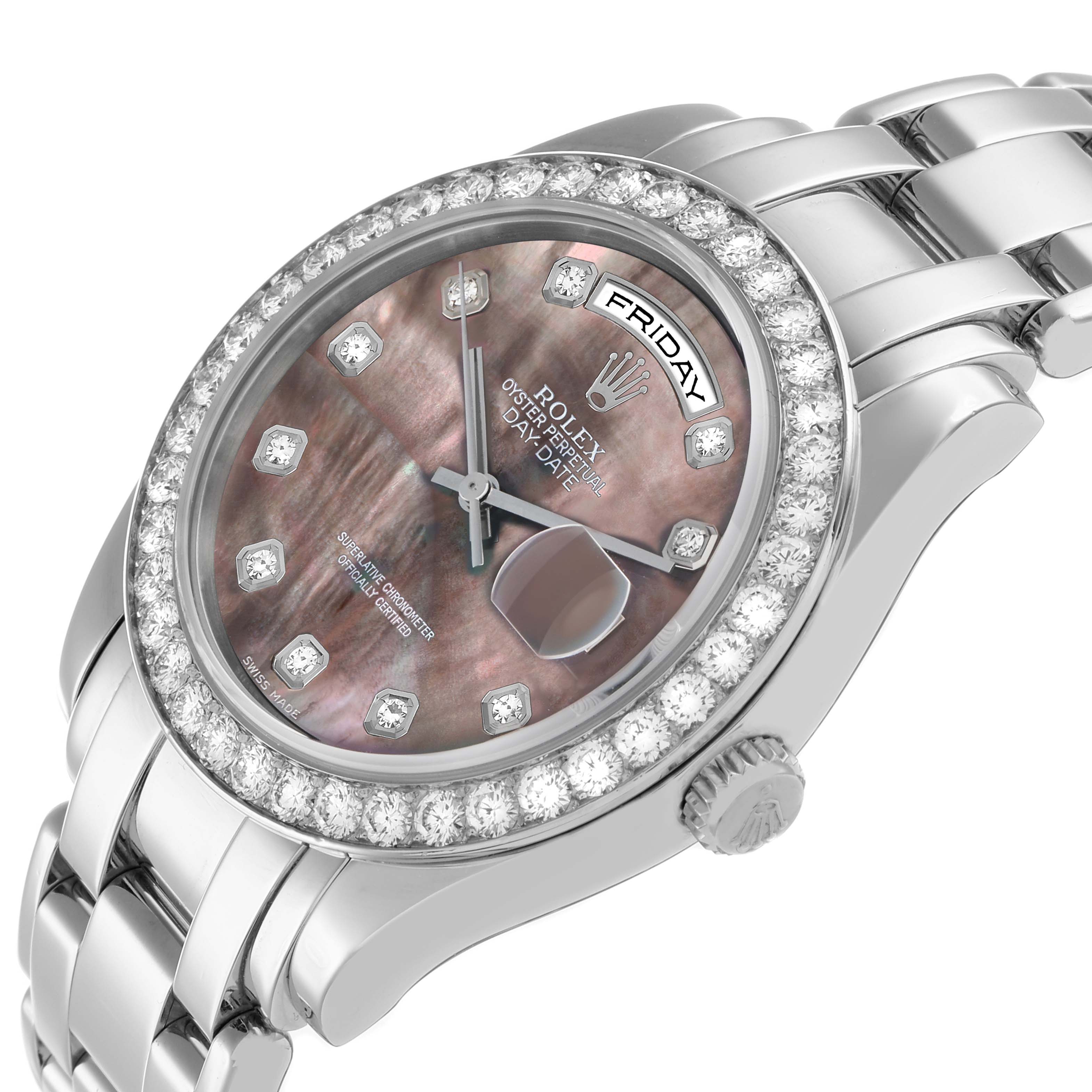 The Rolex Pearlmaster 18946 Men
s Platinum Mother of Pearl Dial watch is shown at a slight angle displaying the face, diamond bezel, and part of the bracelet.