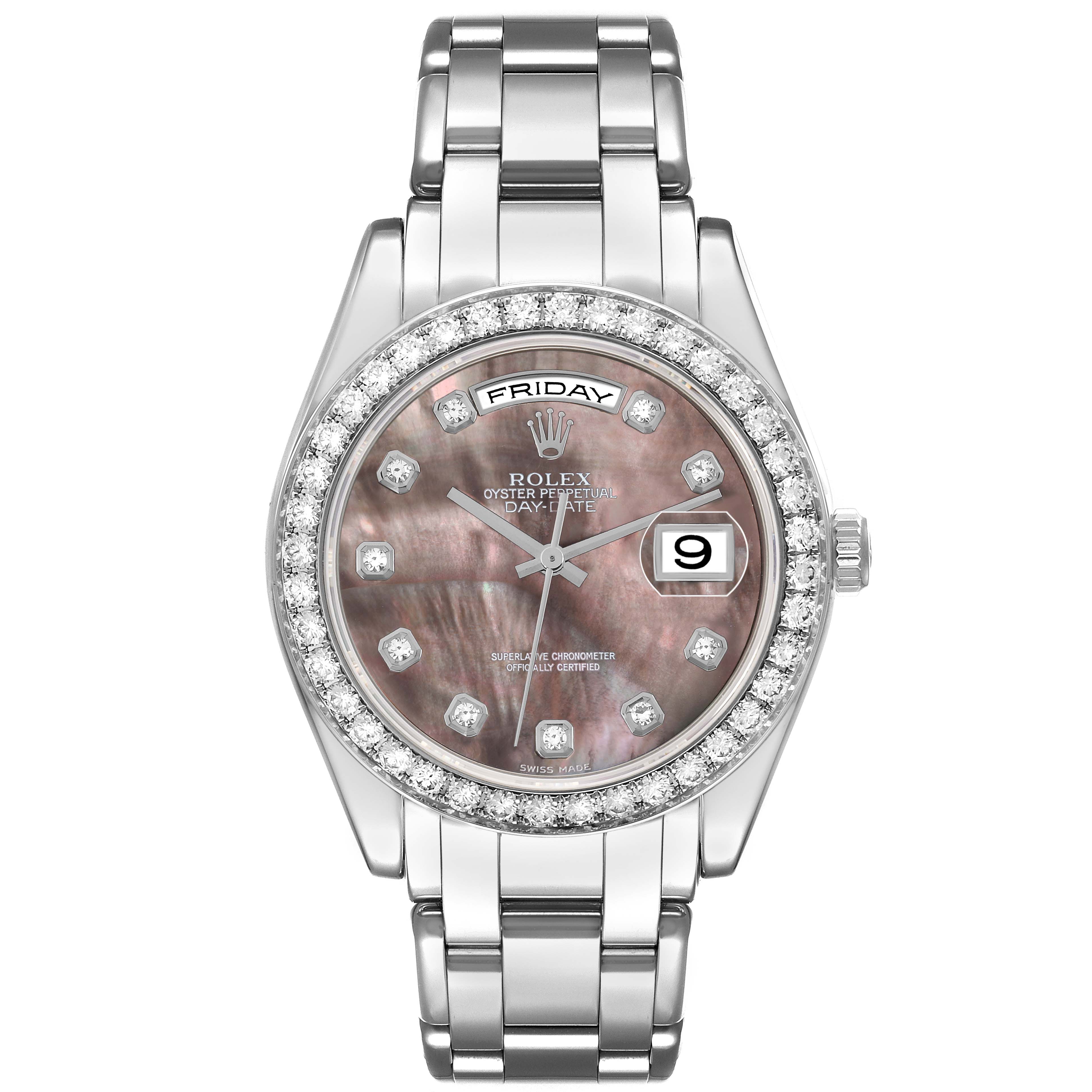 The Rolex Pearlmaster 18946 Men
s Platinum Mother of Pearl Dial watch is shown from a front angle, displaying the face, bezel, bracelet, and crown.