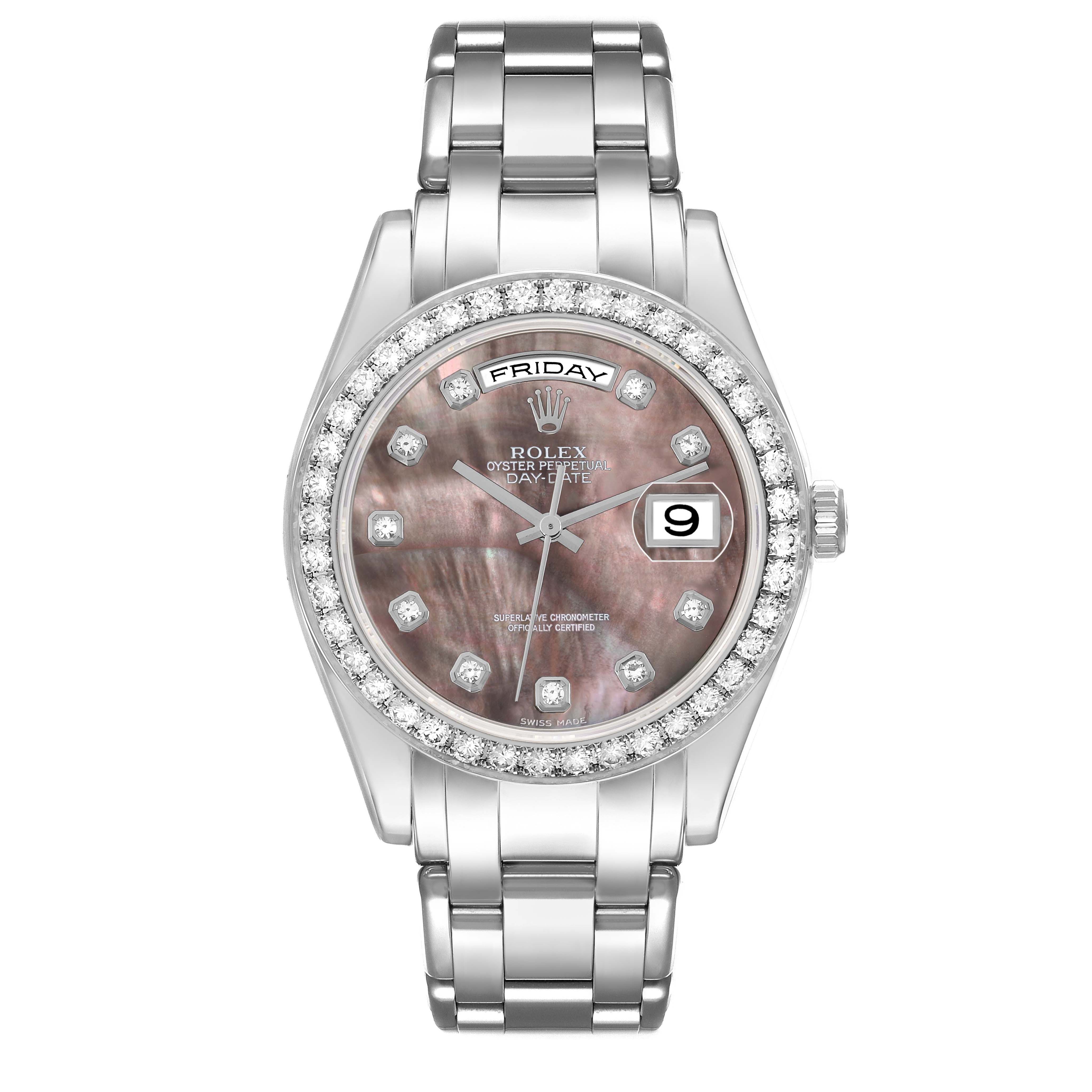 The Rolex Pearlmaster 18946 Men's Platinum Mother of Pearl Dial watch is shown from a front angle, highlighting the face, bezel, bracelet, and crown.