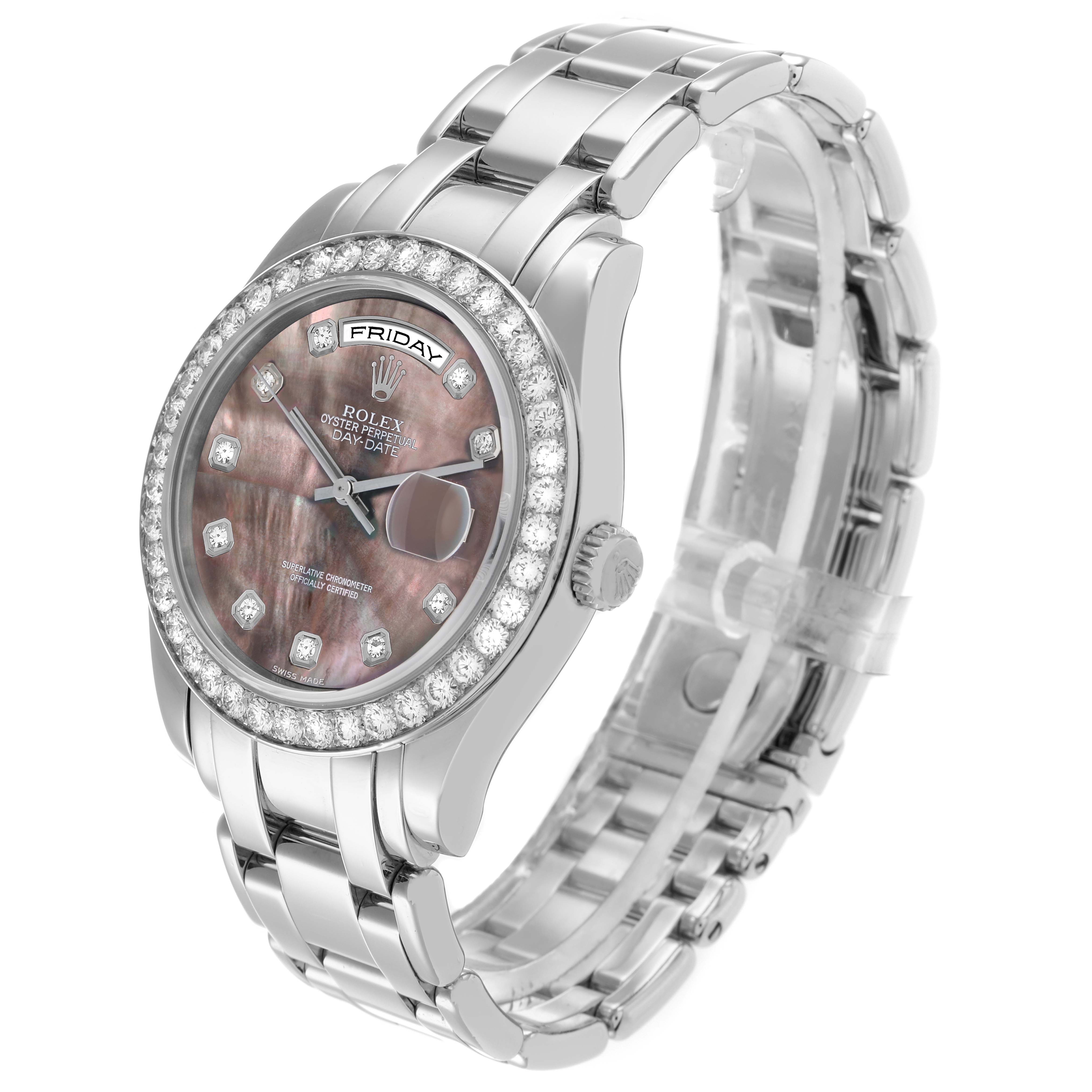 The Rolex Pearlmaster 18946 Men
s Platinum Mother of Pearl Dial is shown at a three-quarter angle, highlighting the bezel, dial, and bracelet.