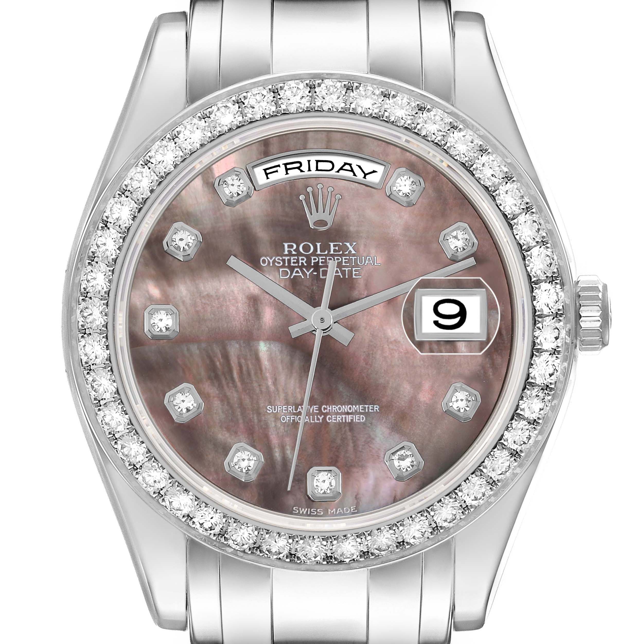 The Rolex Pearlmaster 18946 Men's Platinum Mother of Pearl Dial watch is shown from a frontal angle, featuring a diamond bezel, mother-of-pearl dial, and day-date display.