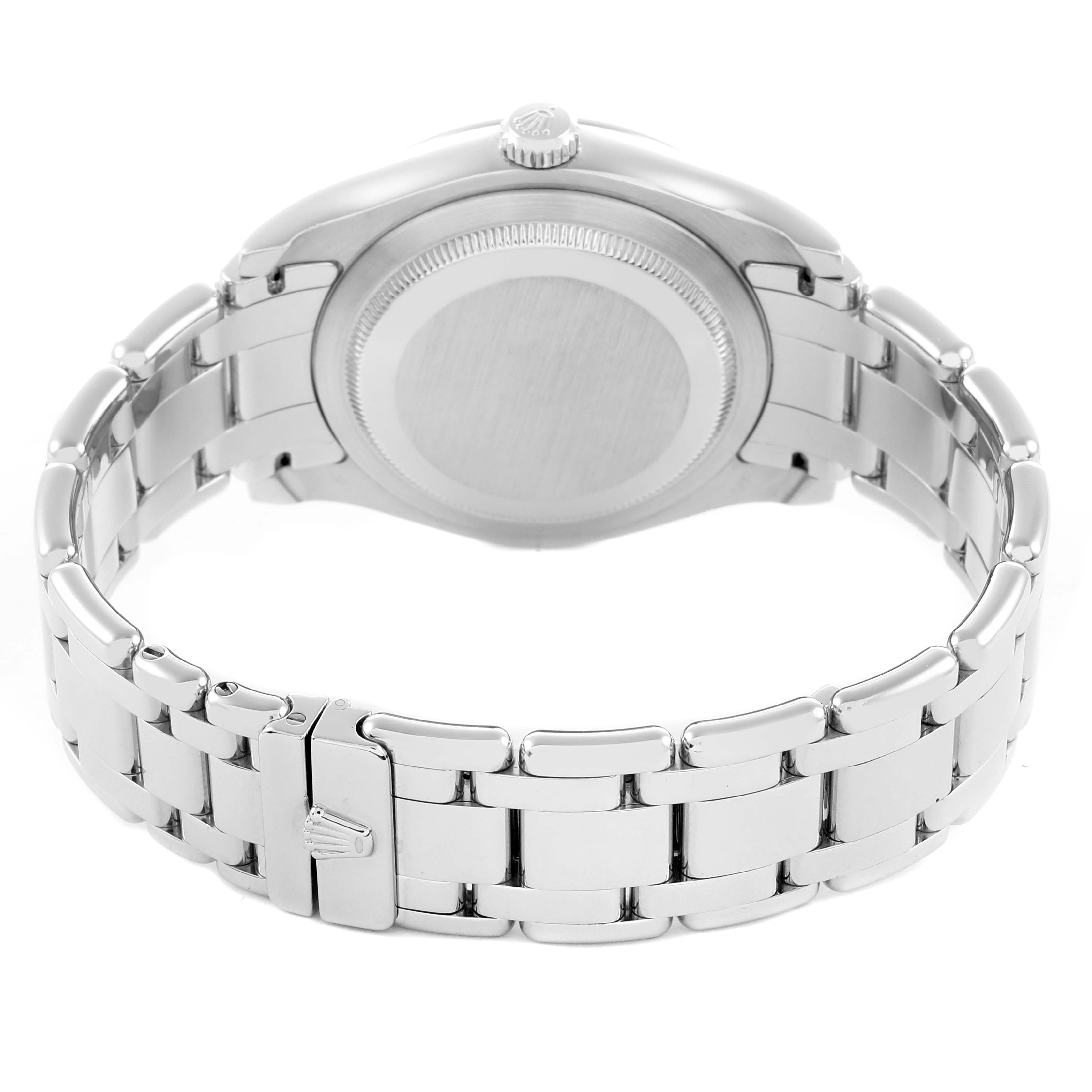 The image shows the back view of a Rolex Pearlmaster 18946 Men
s Platinum Mother of Pearl Dial watch, highlighting the bracelet and case back.