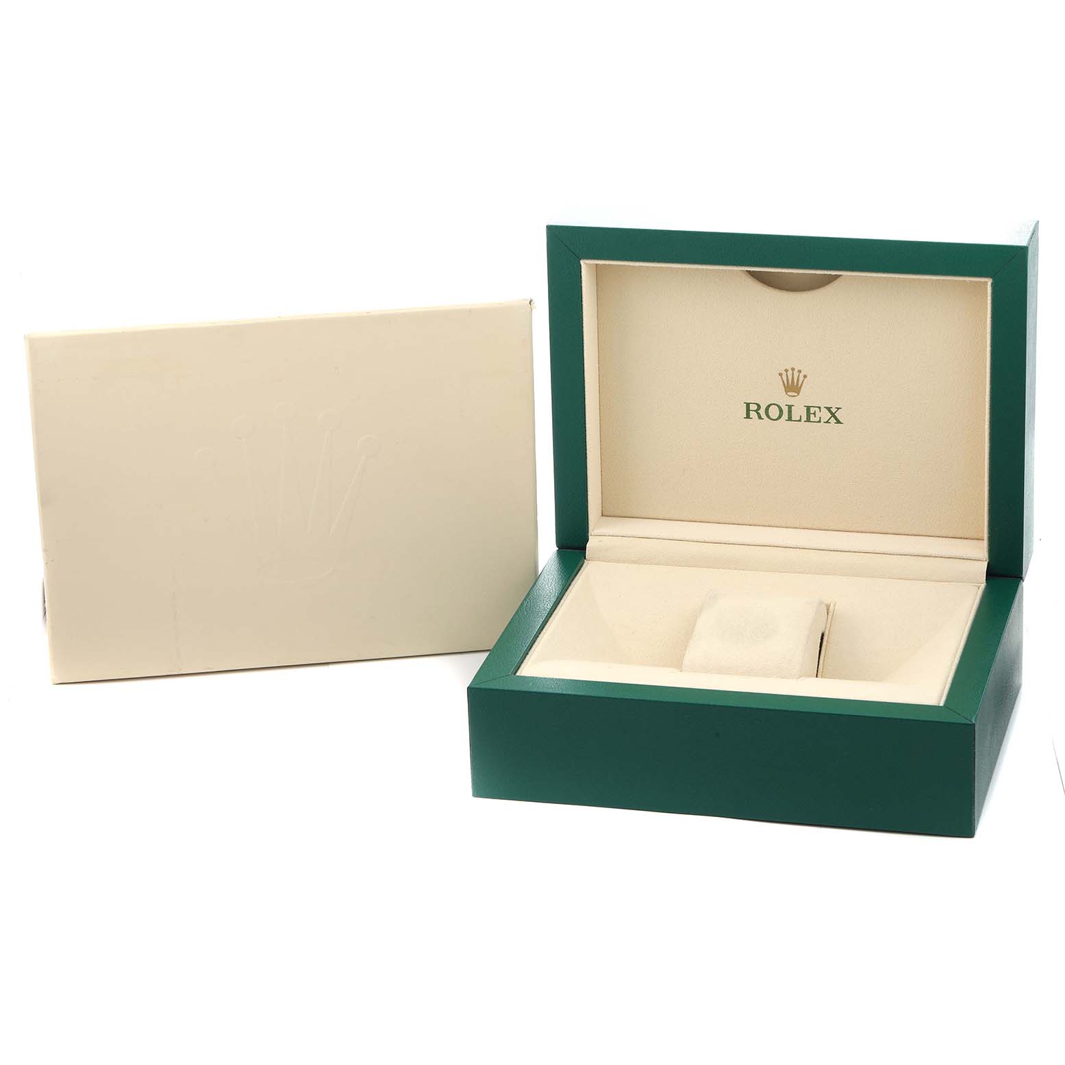 The image shows an open Rolex Pearlmaster 18946 Men
s Platinum Mother of Pearl Dial watch box at an angle, highlighting its interior and exterior packaging.