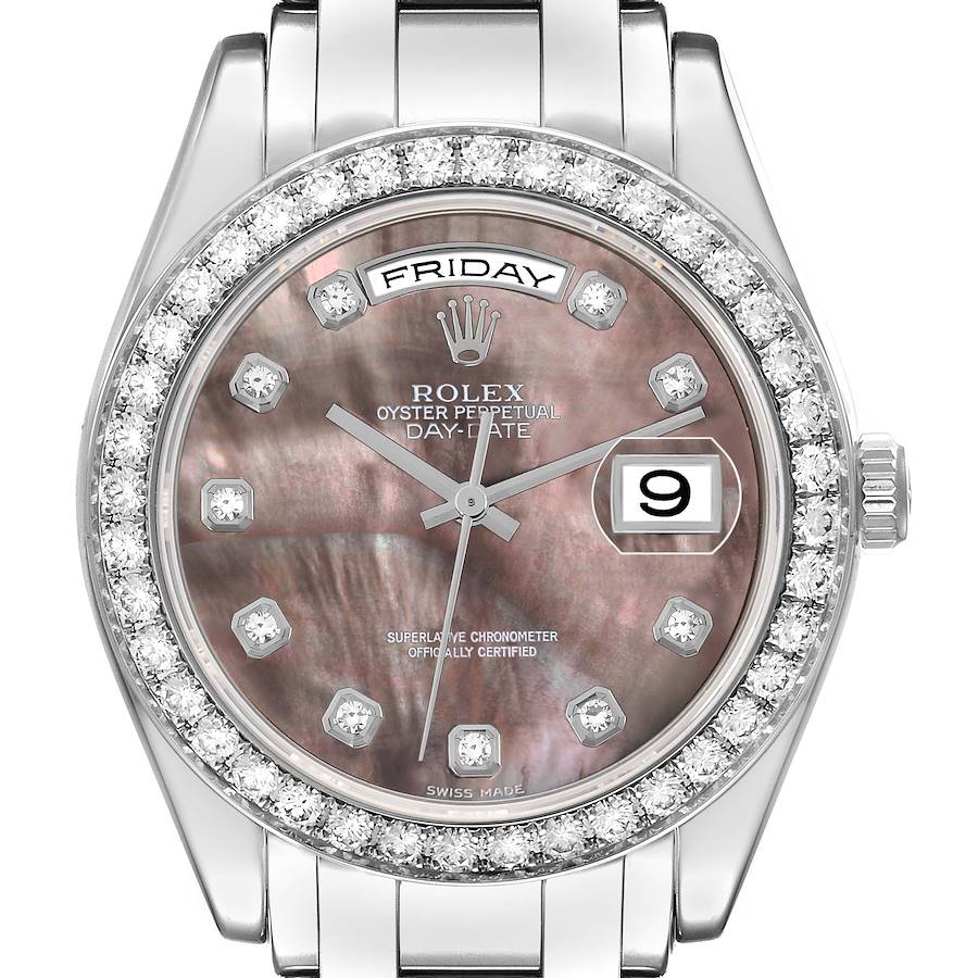 The image shows a front view of the Rolex Pearlmaster 18946 Men's Platinum Mother of Pearl Dial watch, highlighting its diamond-encrusted bezel and mother-of-pearl dial.