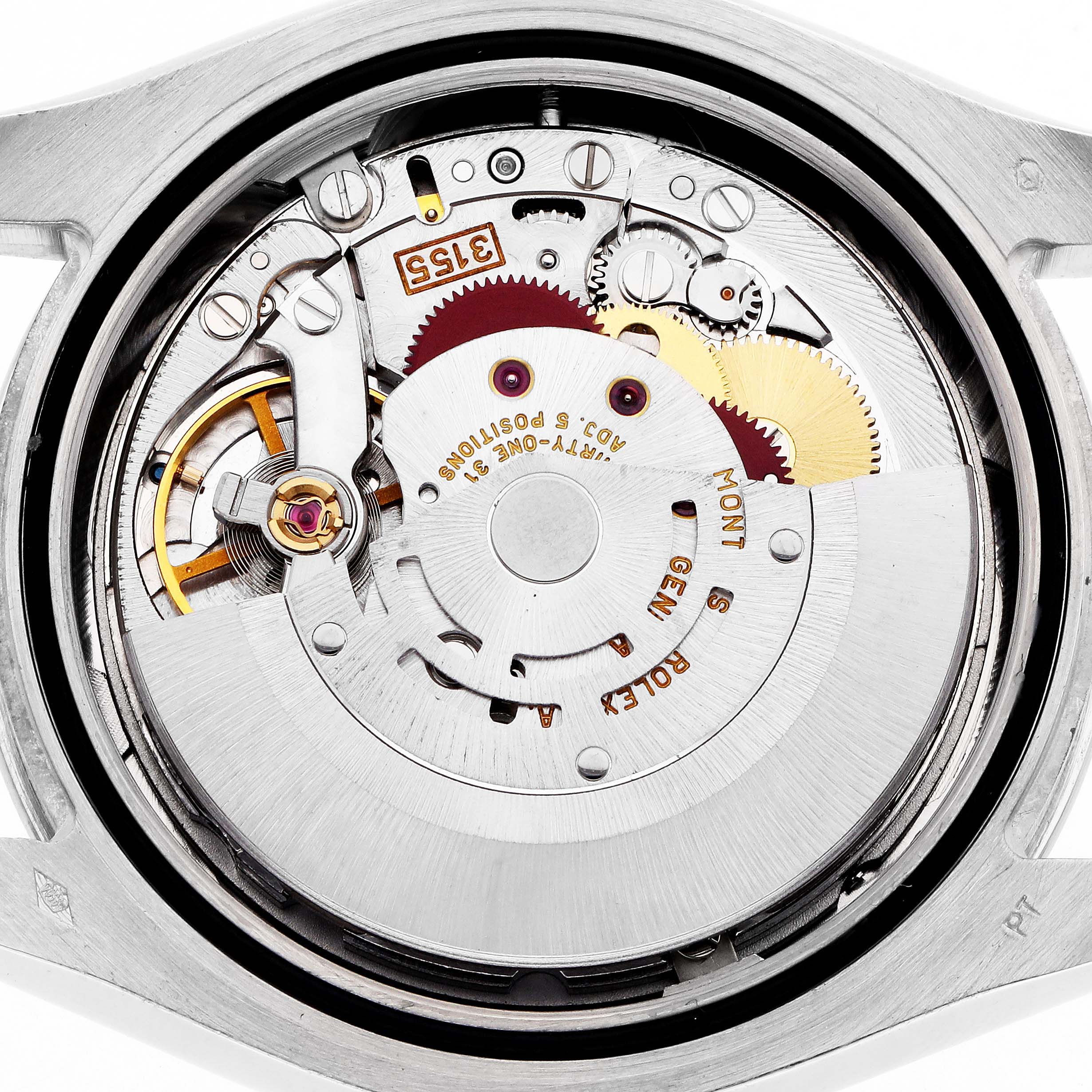 The image shows the movement mechanism of a Rolex Pearlmaster 18946 Men
s Platinum Mother of Pearl Dial watch from the back, highlighting gears and components.