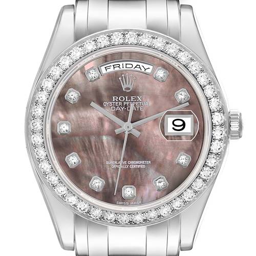 The Rolex Pearlmaster 18946 Men's Platinum Mother of Pearl Dial watch is shown from a front angle, highlighting the bezel, dial, and day-date features.