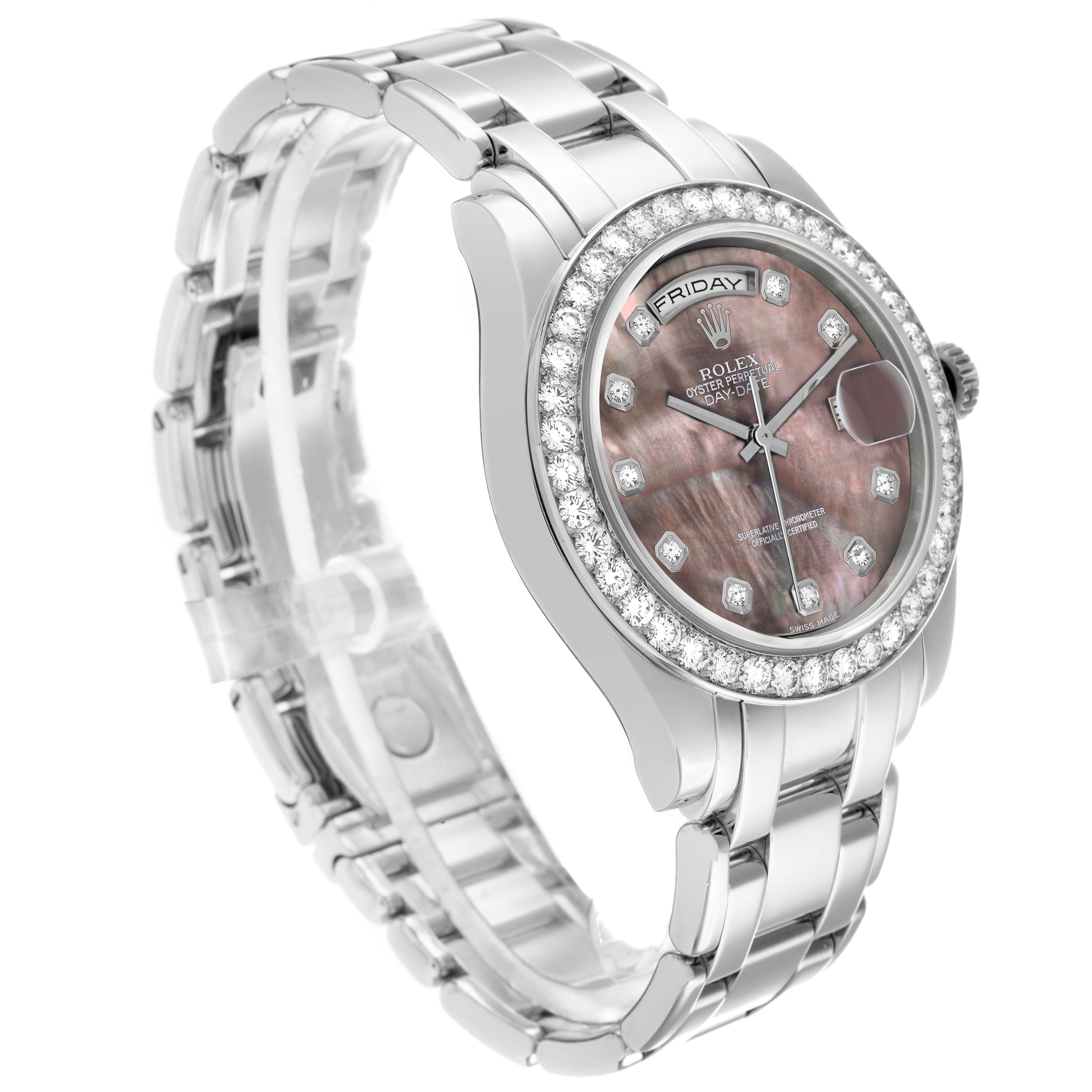 The Rolex Pearlmaster 18946 Men
s Platinum Mother of Pearl Dial watch is shown at a three-quarter angle, highlighting the dial, bezel, and bracelet.