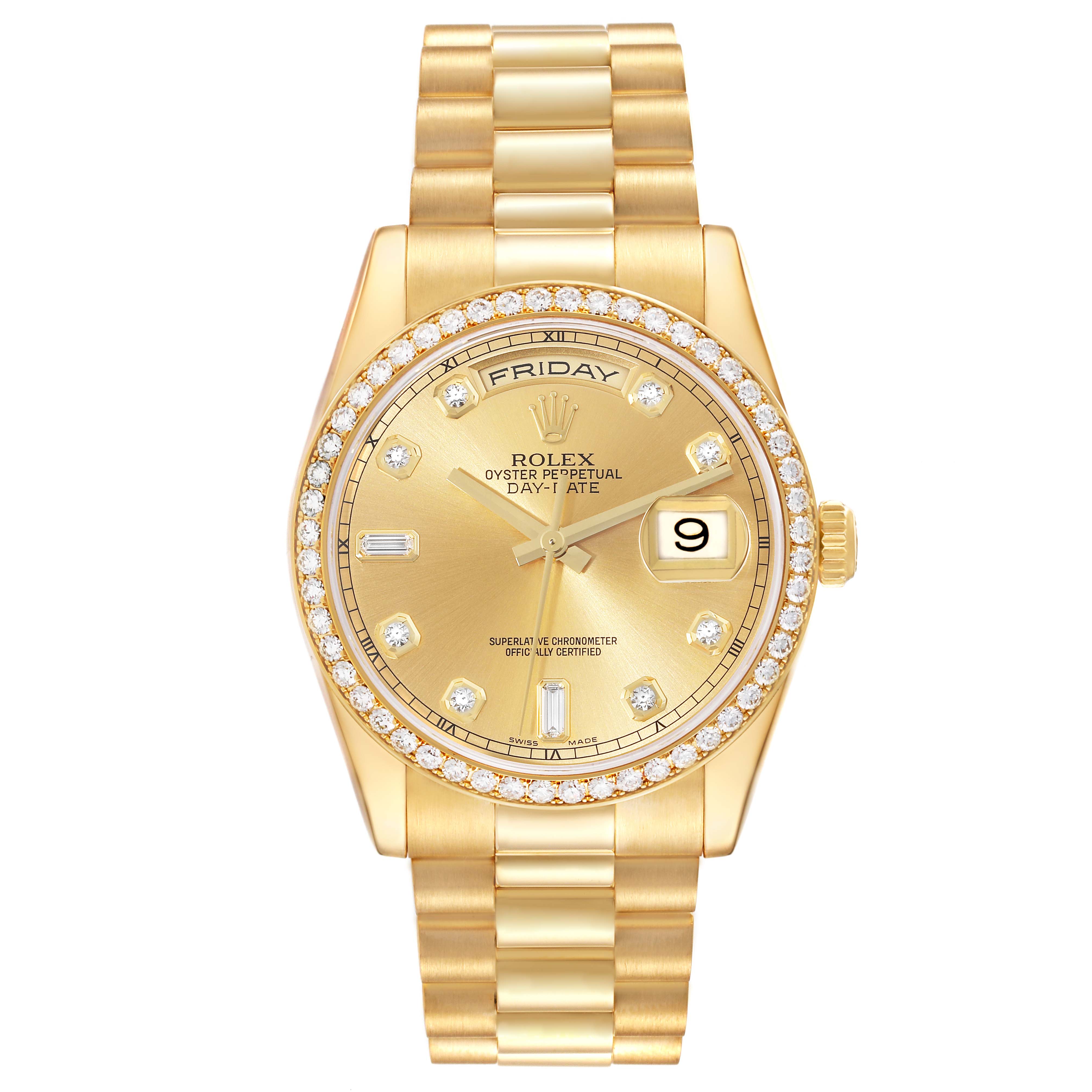 This image shows a gold Rolex President 118348 Men
s Yellow Gold Champagne Dial 118348 Men
s Yellow Gold Champagne Dial model watch from a frontal angle, including its dial, bezel, and bracelet.