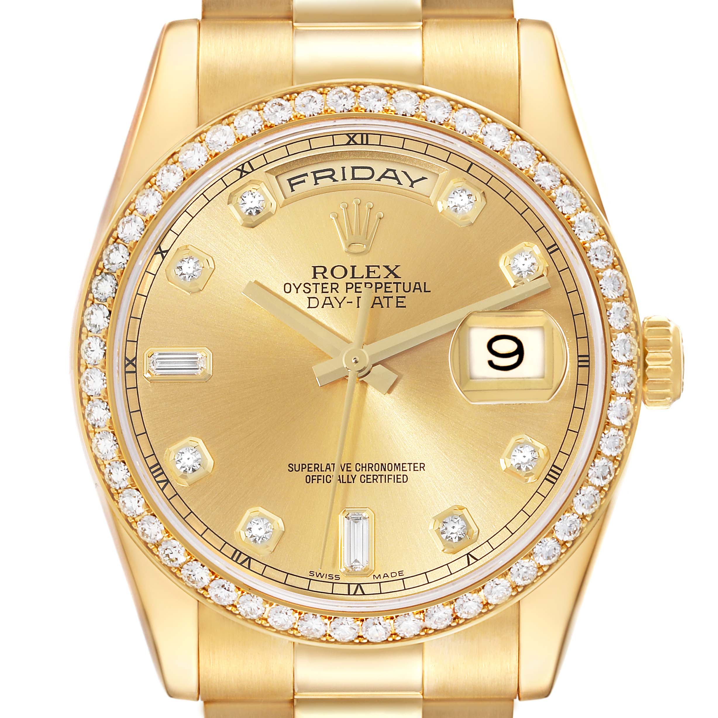 The image shows a frontal view of a Rolex President 118348 Men
s Yellow Gold Champagne Dial 118348 Men
s Yellow Gold Champagne Dial watch, featuring a gold dial with diamond hour markers and a date window.