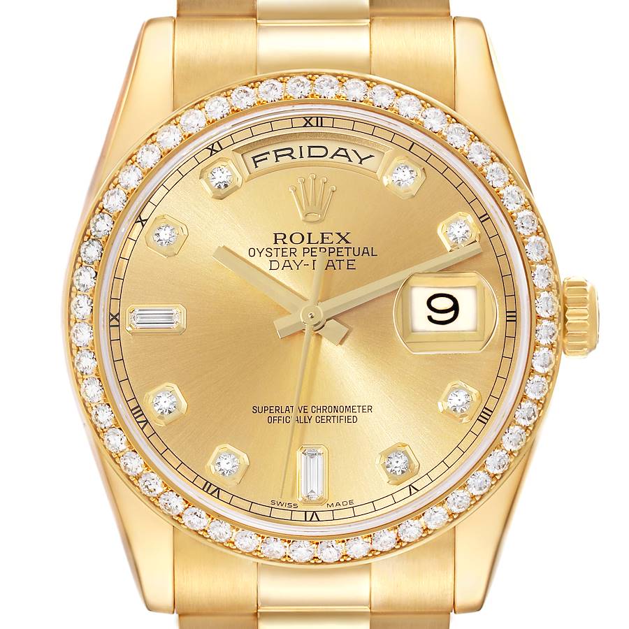 Rolex Day Date President Yellow Gold Diamond Bezel Mens Watch 118348 Box Card SwissWatchExpo