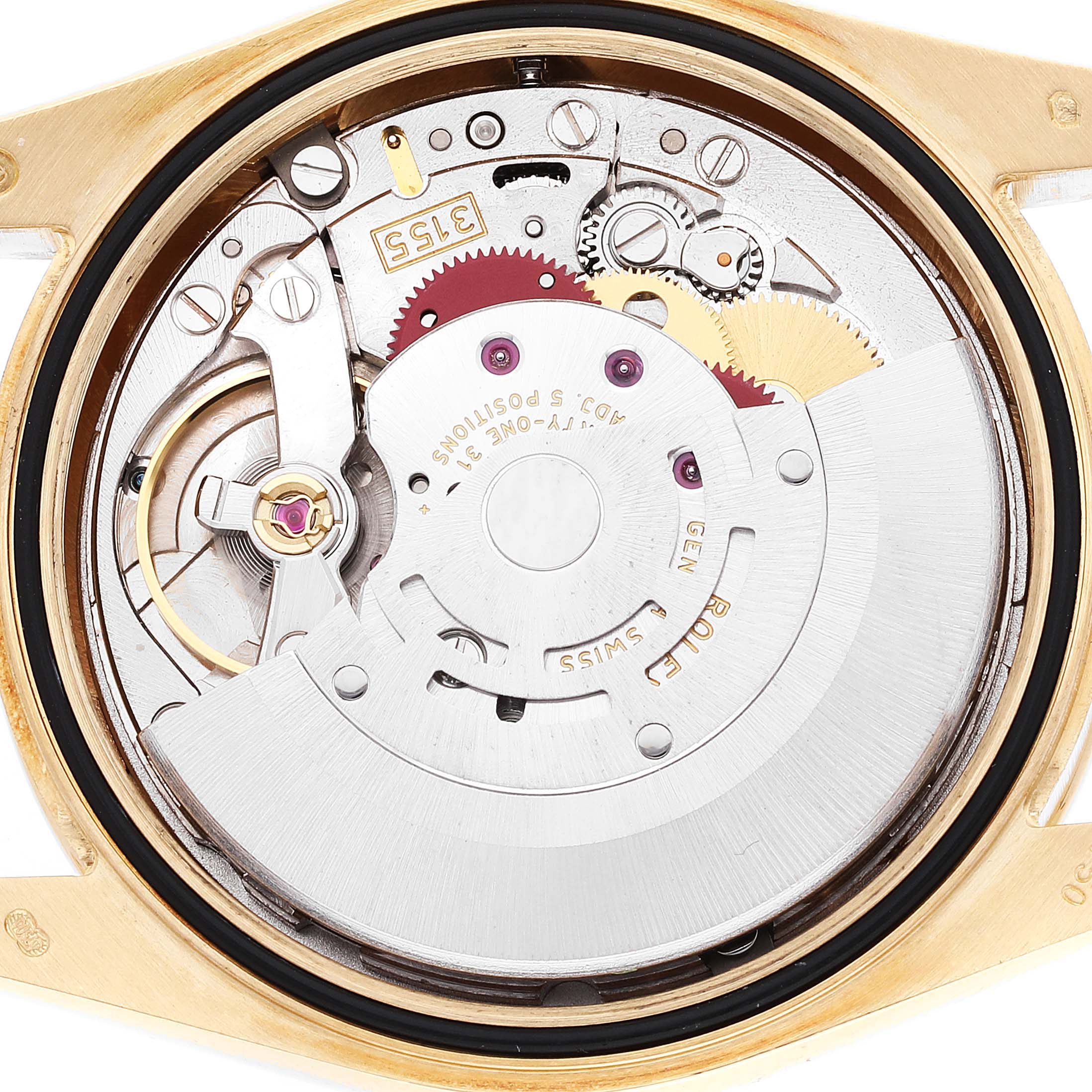The image shows the internal mechanism of the Rolex President 118348 Men
s Yellow Gold Champagne Dial 118348 Men
s Yellow Gold Champagne Dial model watch from a rear angle, featuring gears, rotors, and screws.