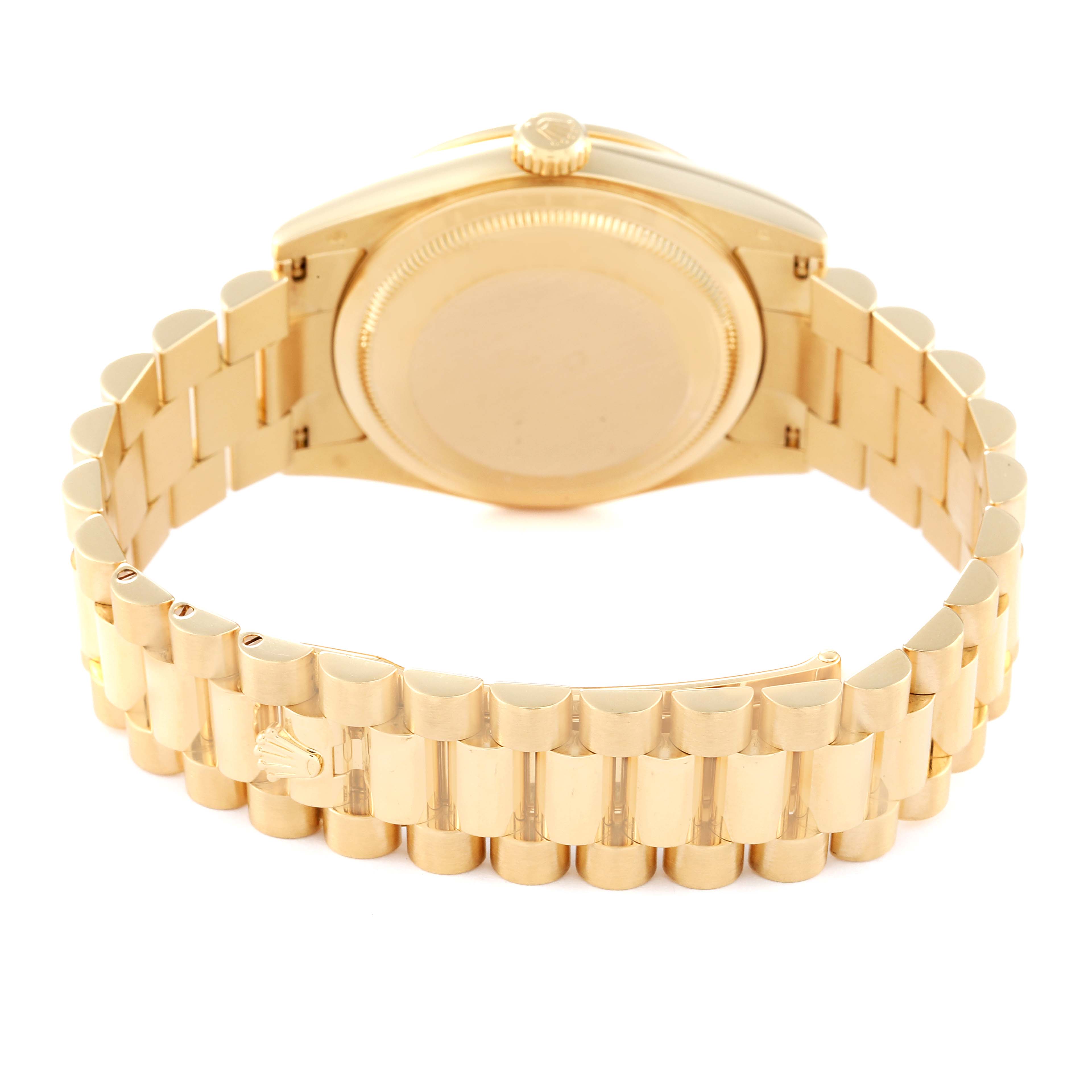 The image shows the back view of a Rolex President 118348 Men
s Yellow Gold Champagne Dial 118348 Men
s Yellow Gold Champagne Dial model watch, highlighting its bracelet and case back.
