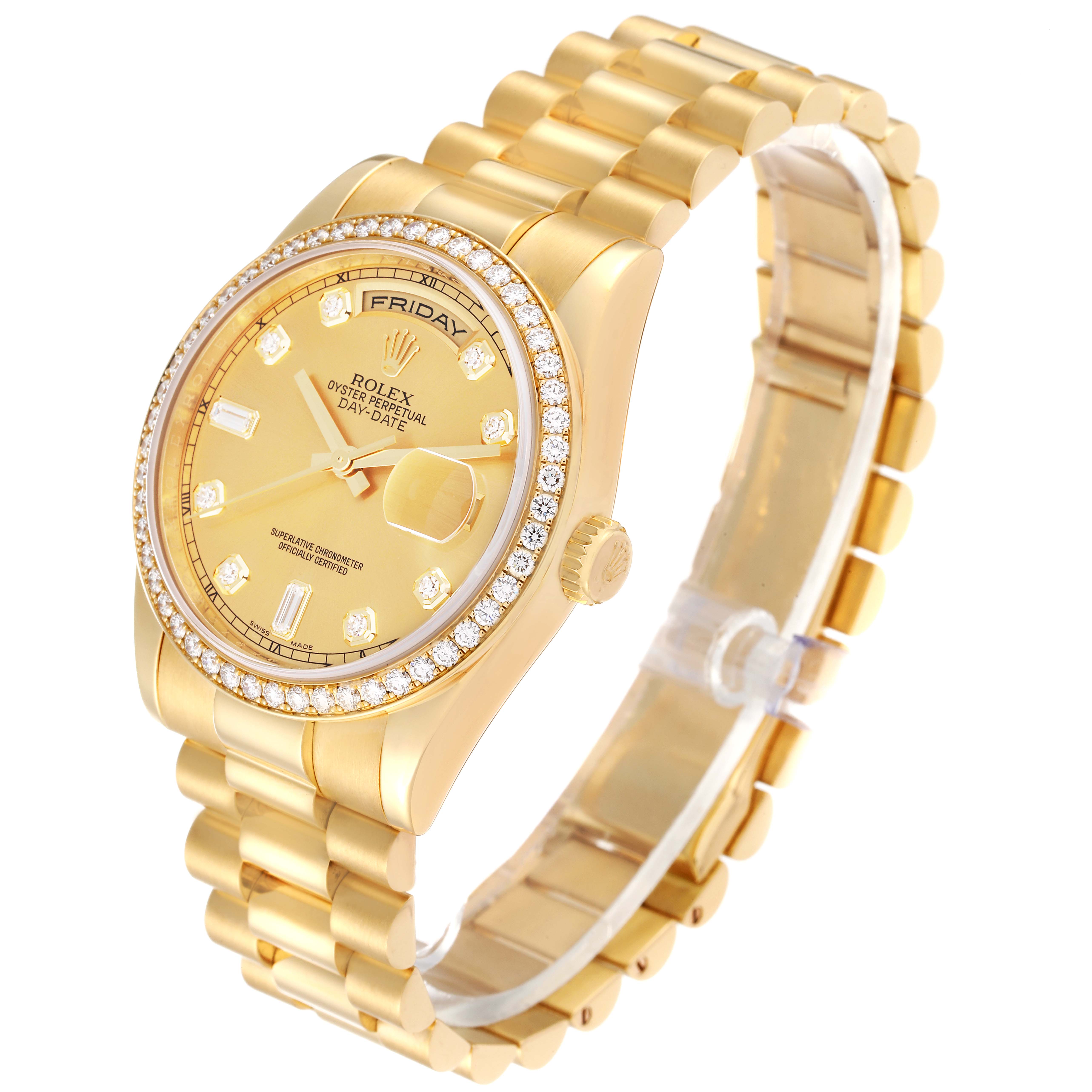 The image shows a Rolex President 118348 Men
s Yellow Gold Champagne Dial 118348 Men
s Yellow Gold Champagne Dial model watch at an angle, highlighting the dial, bezel, bracelet, and crown.