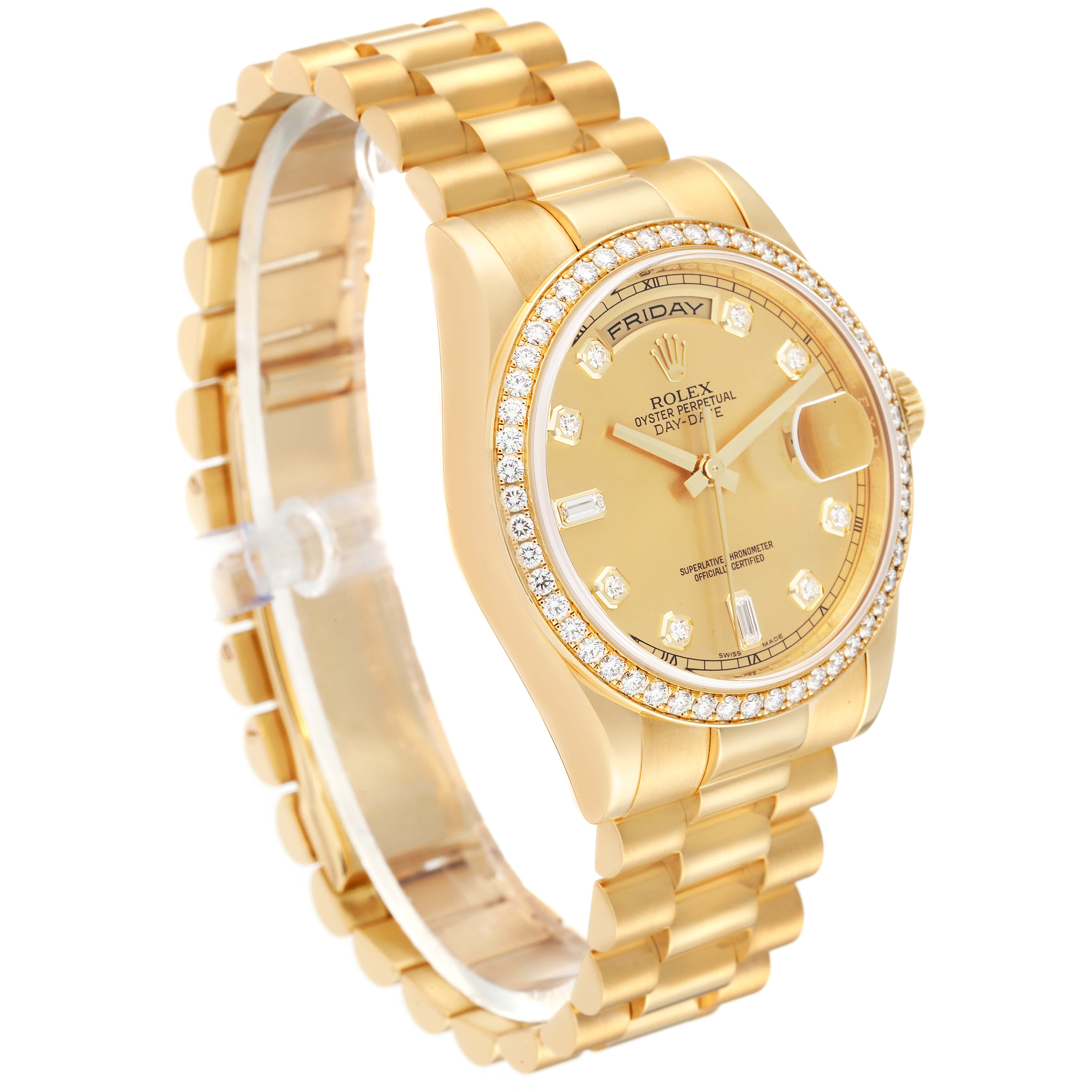 The Rolex President 118348 Men
s Yellow Gold Champagne Dial 118348 Men
s Yellow Gold Champagne Dial model watch is shown at an angled view, displaying the bracelet, dial, bezel with diamonds, and day-date window.