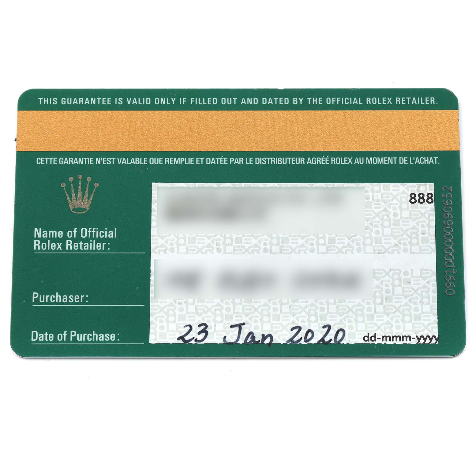 The image shows a Rolex Daytona 116500 Men
s Stainless Steel Black Dial guarantee card, displaying retailer and purchase details.