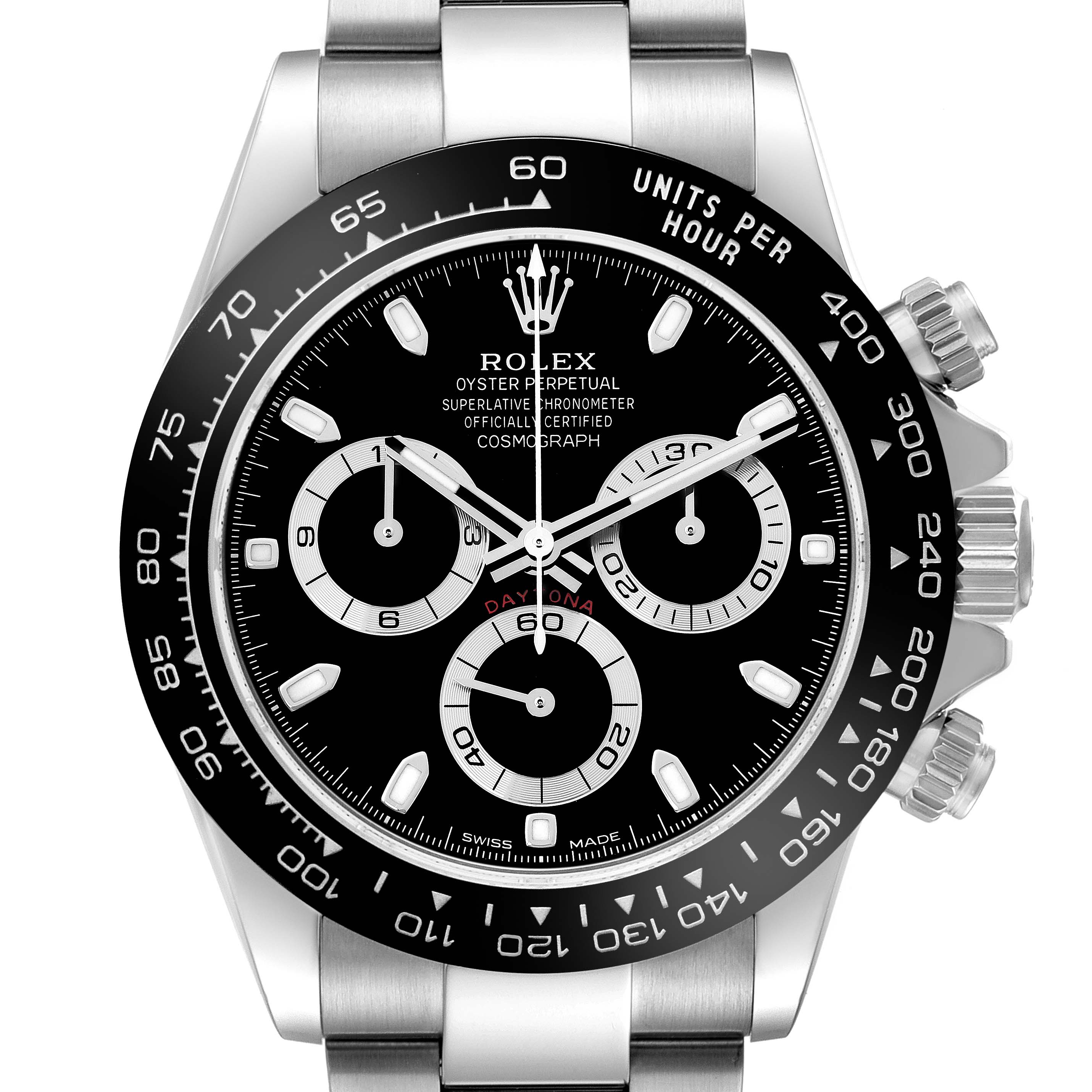 The Rolex Daytona 116500 Men
s Stainless Steel Black Dial watch is shown from a frontal angle, displaying the face, bezel, and pushers.