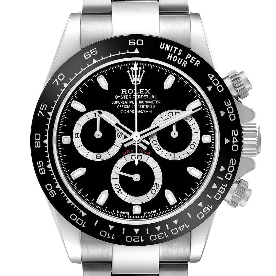 The Rolex Daytona 116500 Men's Stainless Steel Black Dial watch is shown from a frontal angle, displaying the face, bezel, and pushers.