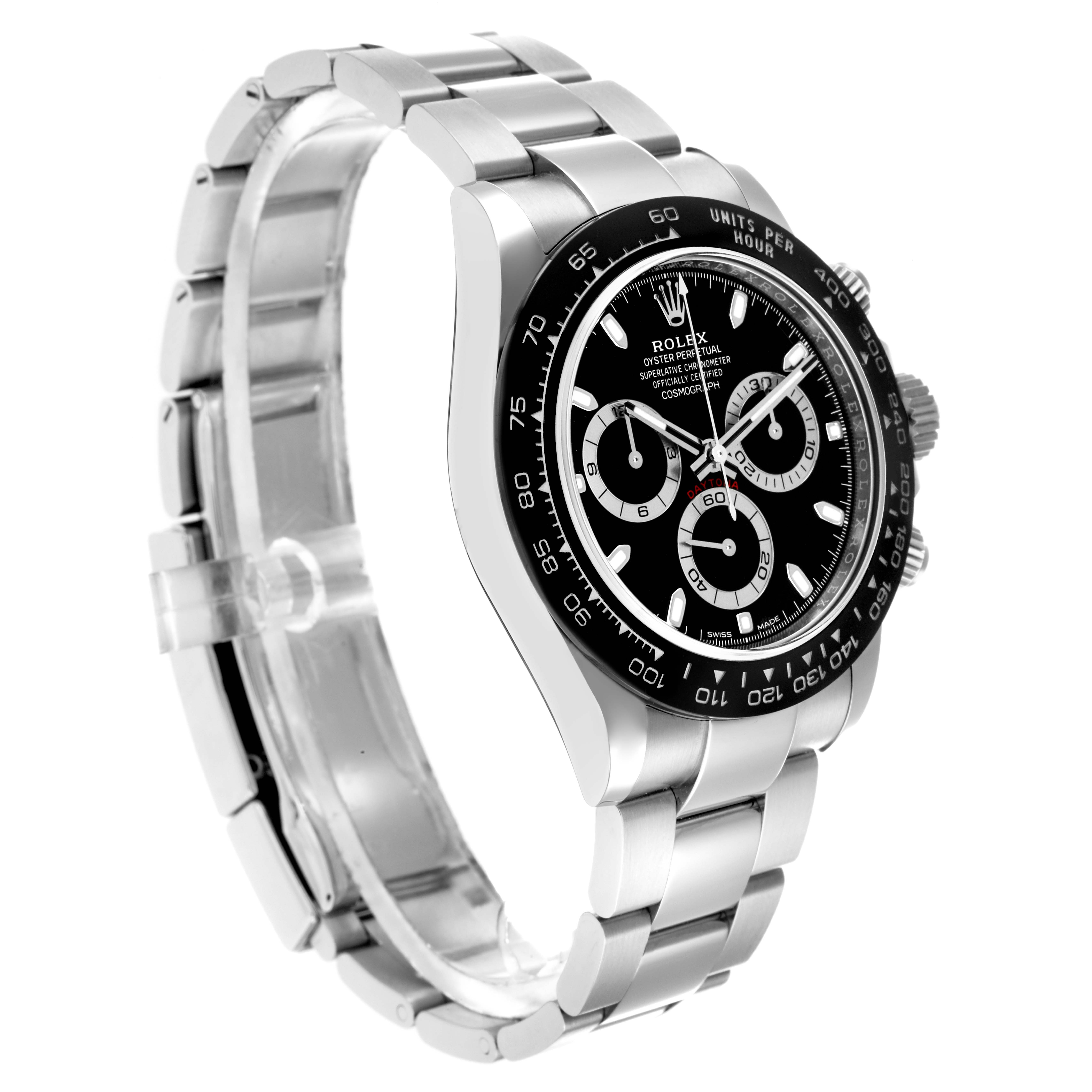 The Rolex Daytona 116500 Men
s Stainless Steel Black Dial watch is shown at a three-quarter angle displaying the face, bezel, and part of the bracelet.