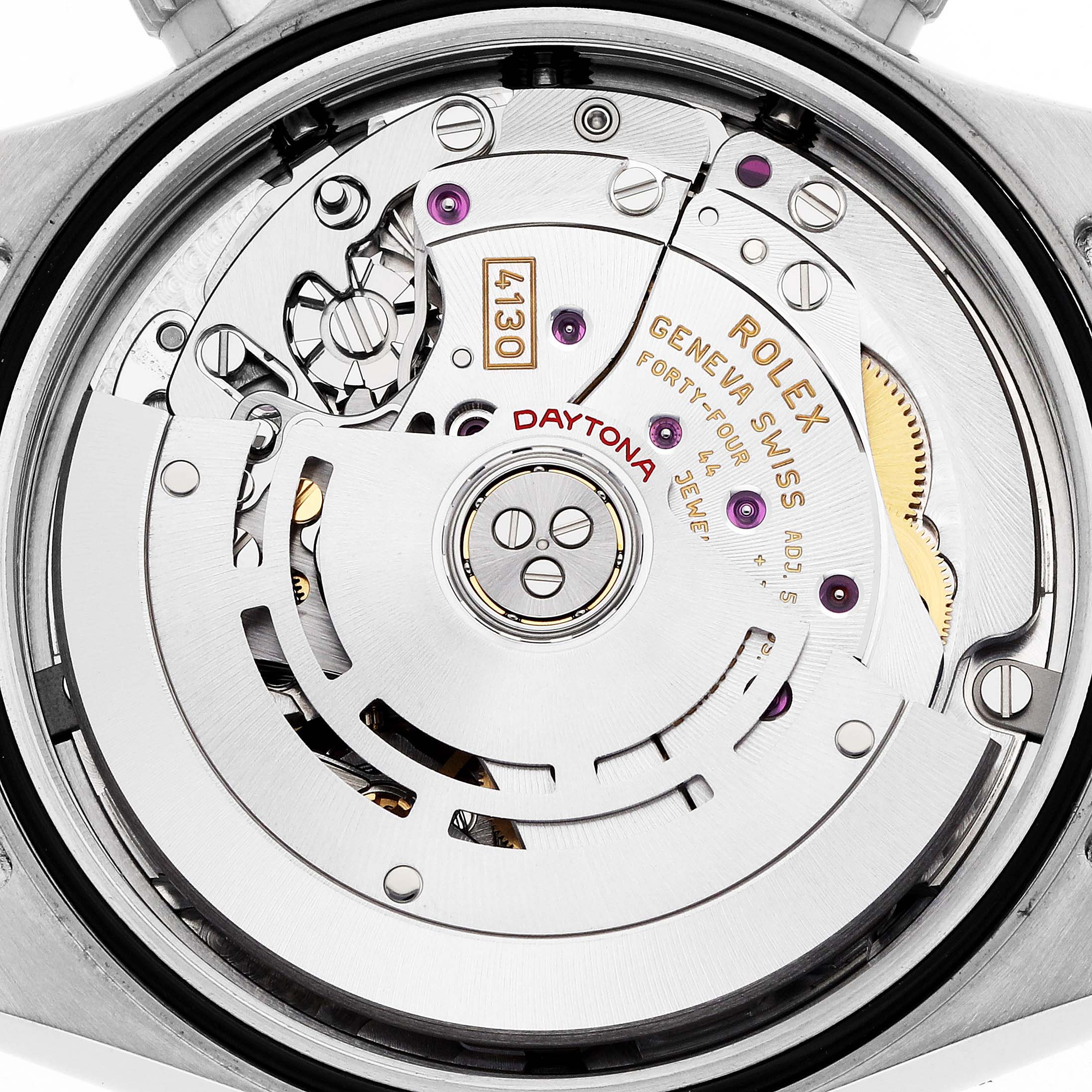 The image shows the movement mechanism of a Rolex Daytona 116500 Men
s Stainless Steel Black Dial watch from a back view angle.