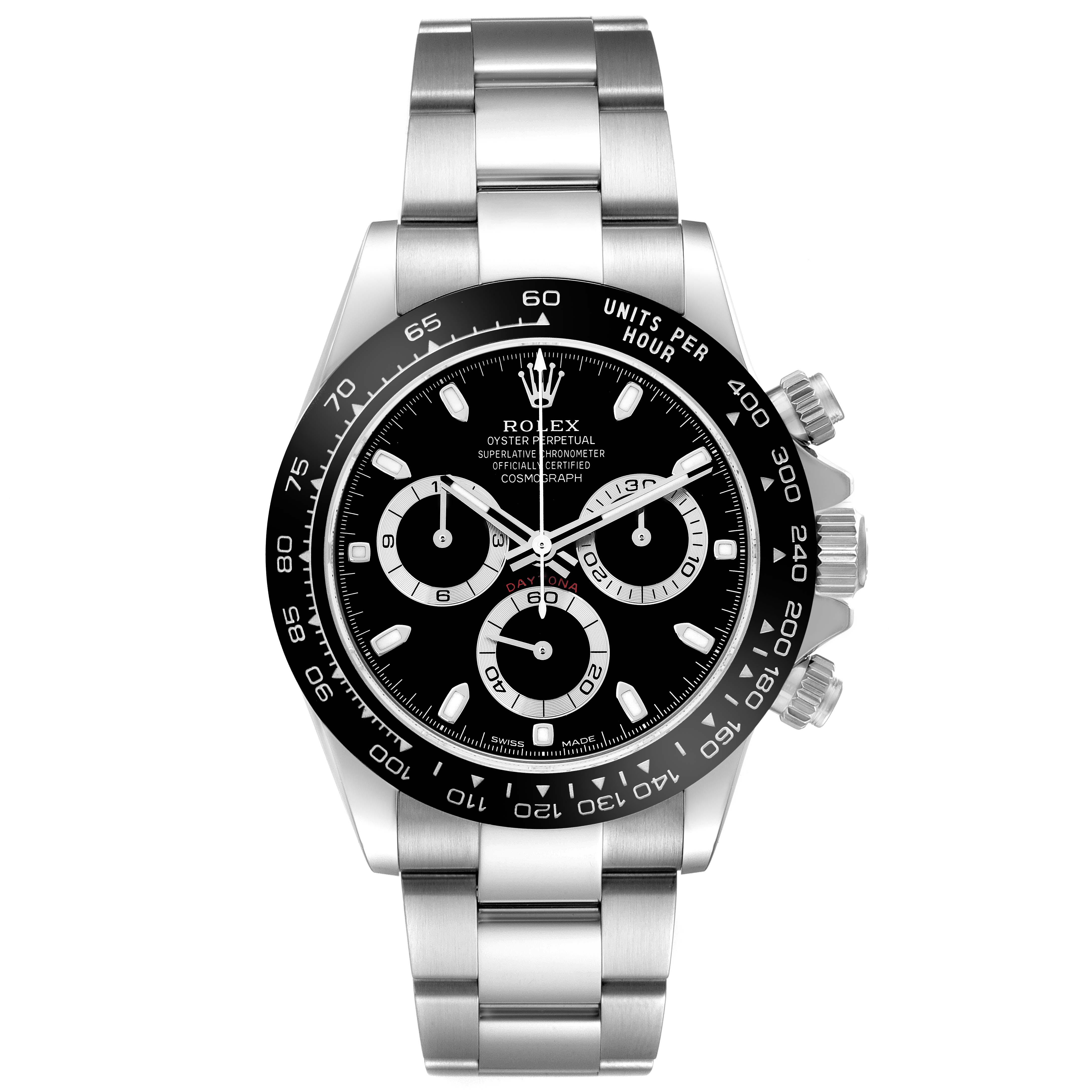 The Rolex Daytona 116500 Men
s Stainless Steel Black Dial watch is shown from a frontal angle, displaying its black dial, subdials, bezel, crown, and entire bracelet.